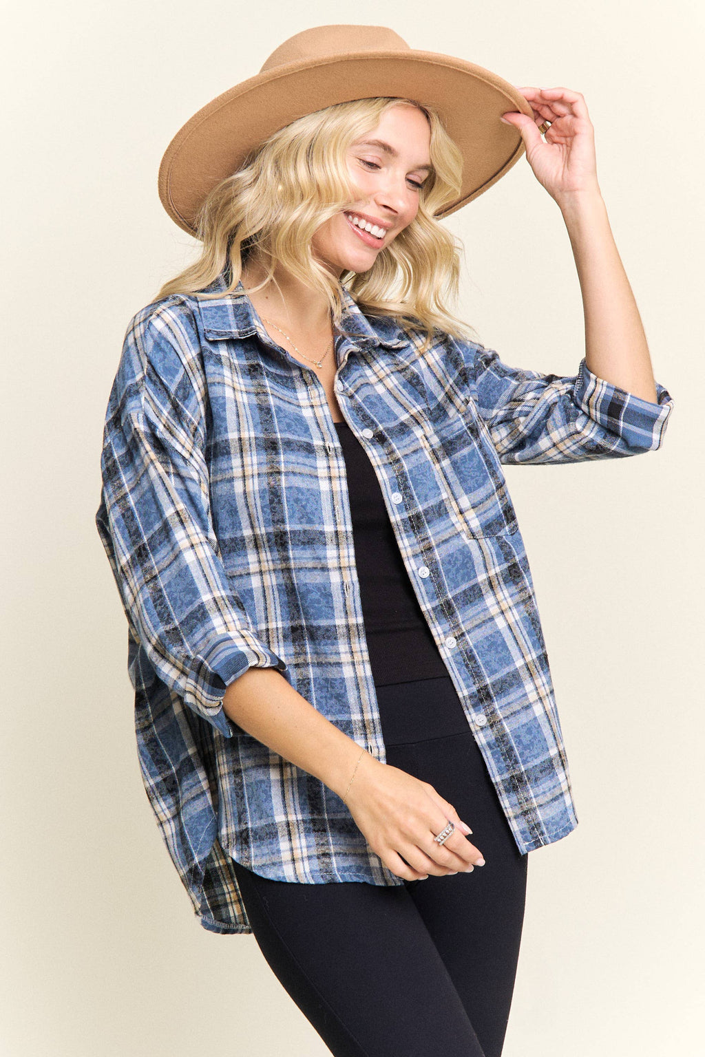 BURNOUT PLAID WASHED-LOOK SHIRT- LET4189: Blue / S-M-L(2-2-2)