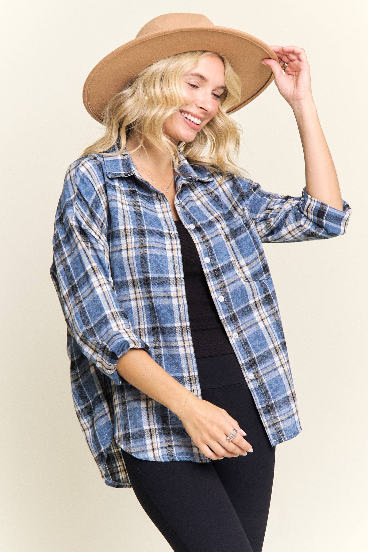 BURNOUT PLAID WASHED-LOOK SHIRT- LET4189: Blue / S-M-L(2-2-2)