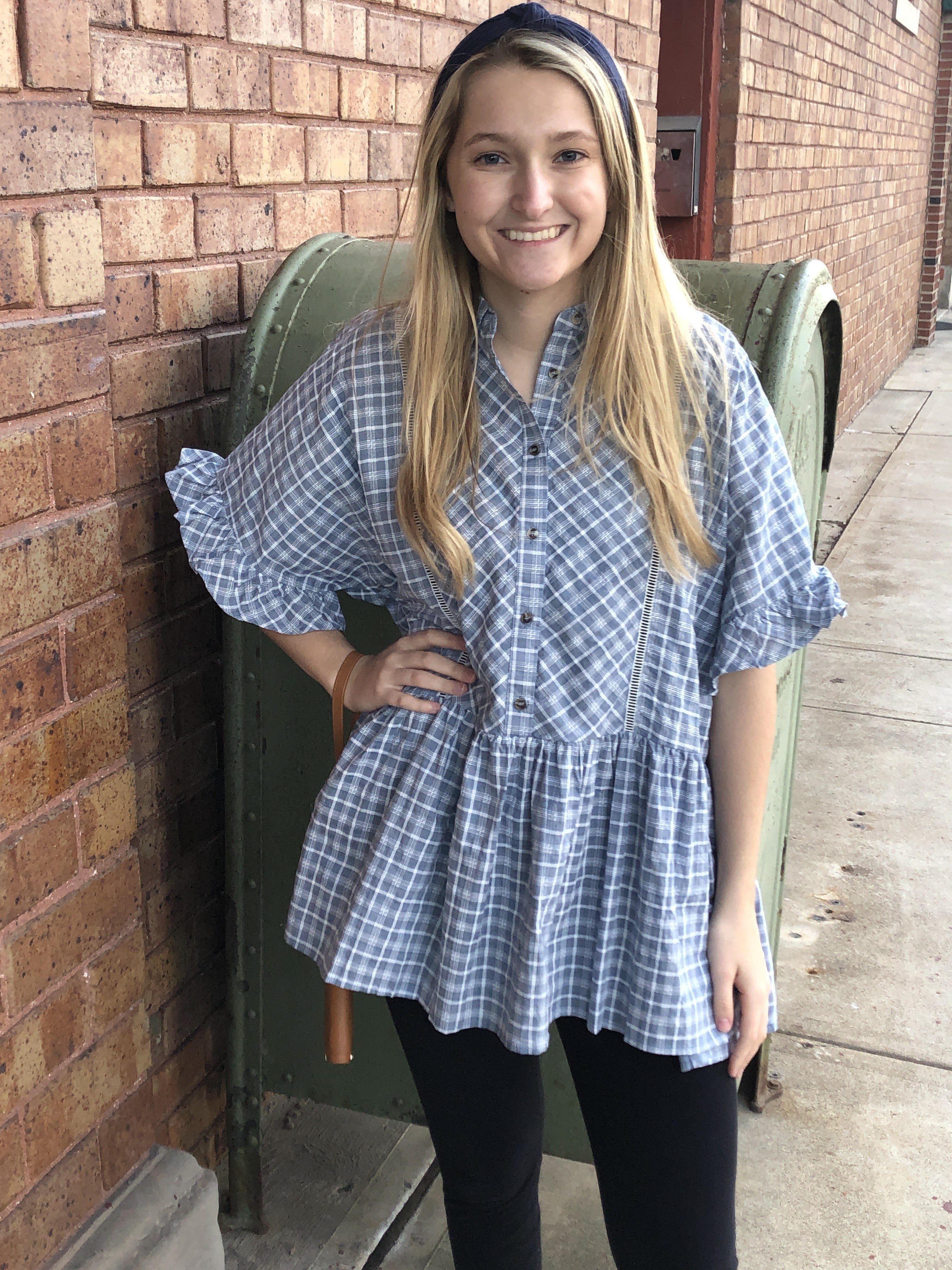 Plaid Button Down Shirt with Ruffle Sleeves