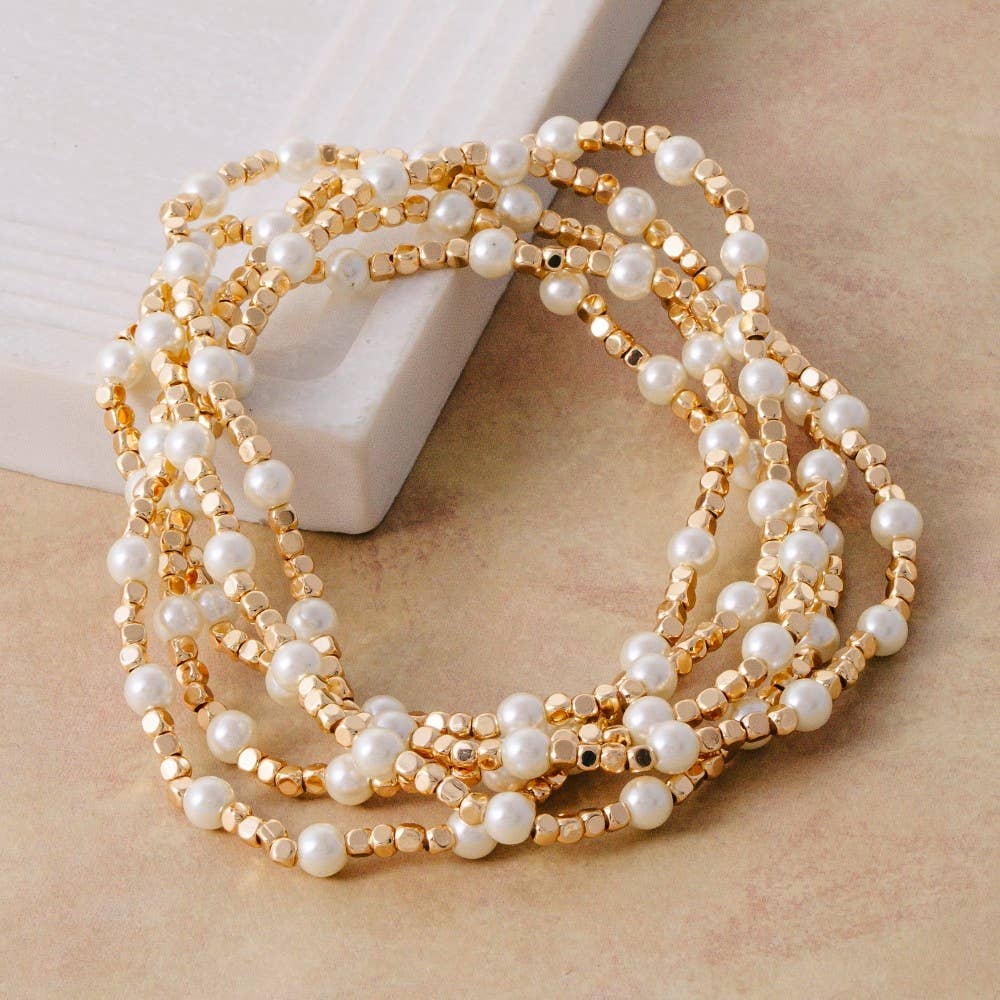 Pearl Gold Cube Bead Stretch Bracelet Set: CRMGD