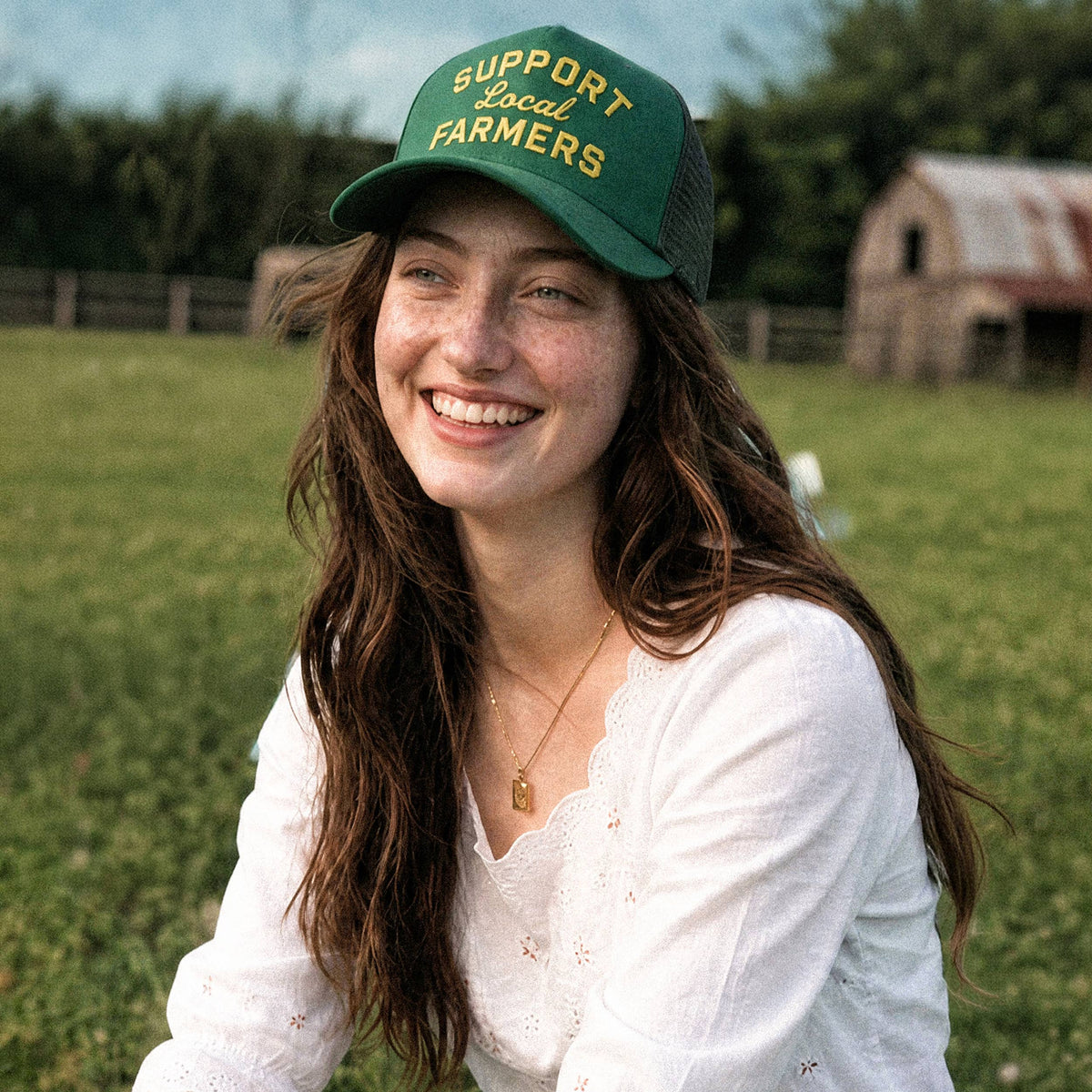 C.C SUPPORT LOCAL FARMERS Letter Two Tone Trucker Hat: Dark Green