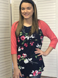 Floral print raglan top with contrast sleeves
