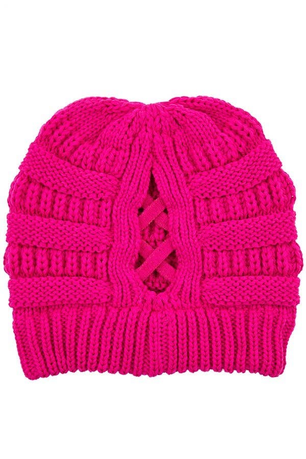 C.C Criss Cross Ponytail Knit Beanie Winter Hat: Burgundy