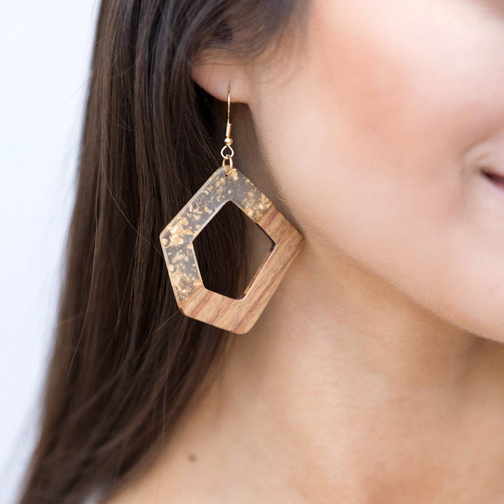Gold Fleck Resin Wood Earrings: Bar