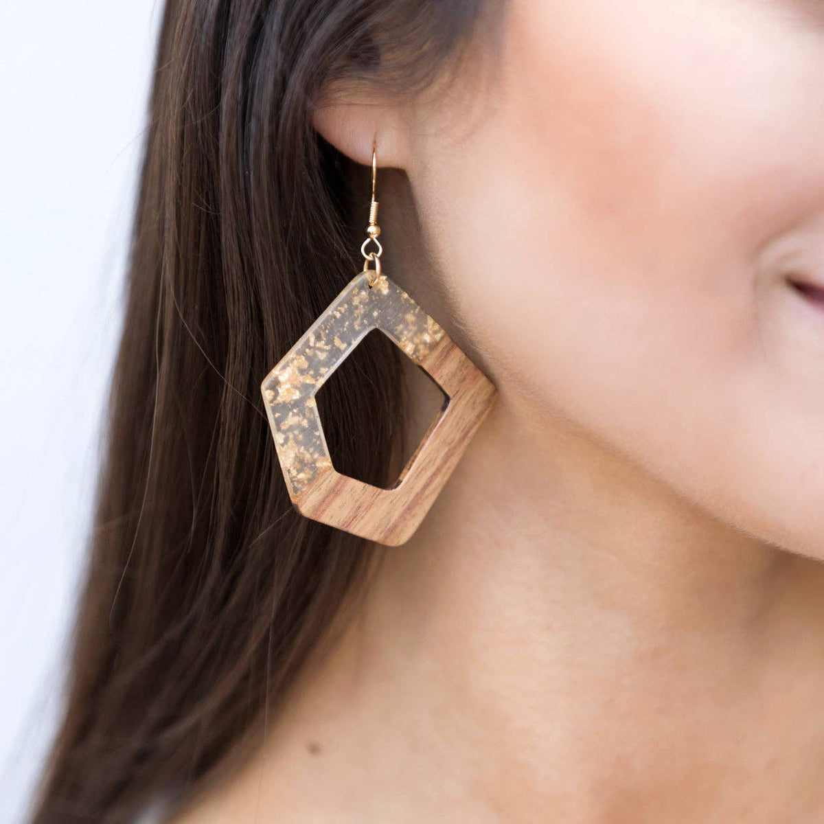 Gold Fleck Resin Wood Earrings: Bar