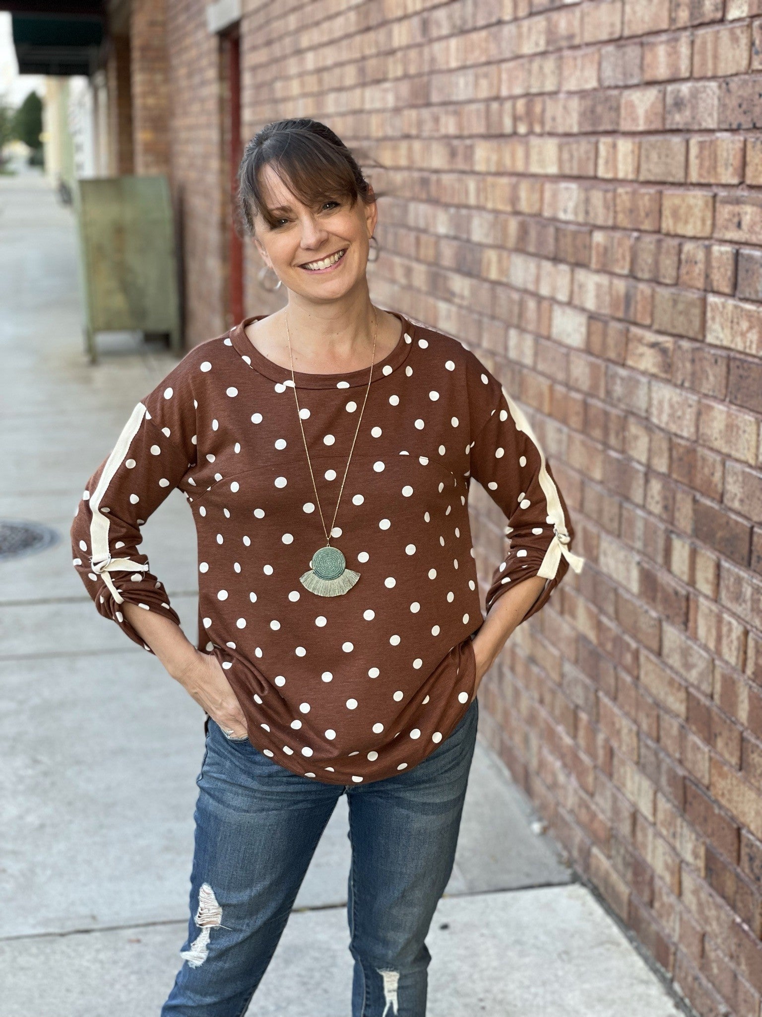 Brown Polka Dot Top w/Rollup Sleeves