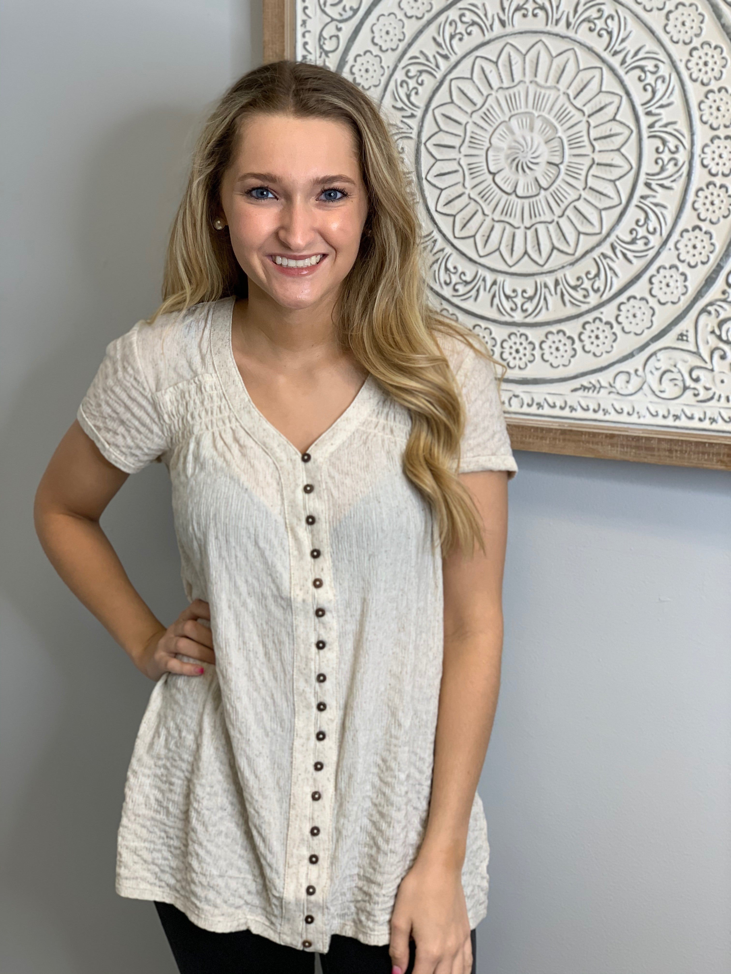 Beige Button V-Neck Top
