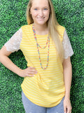 Yellow Textured Stripe Loose Fit with Lace Sleeves Top