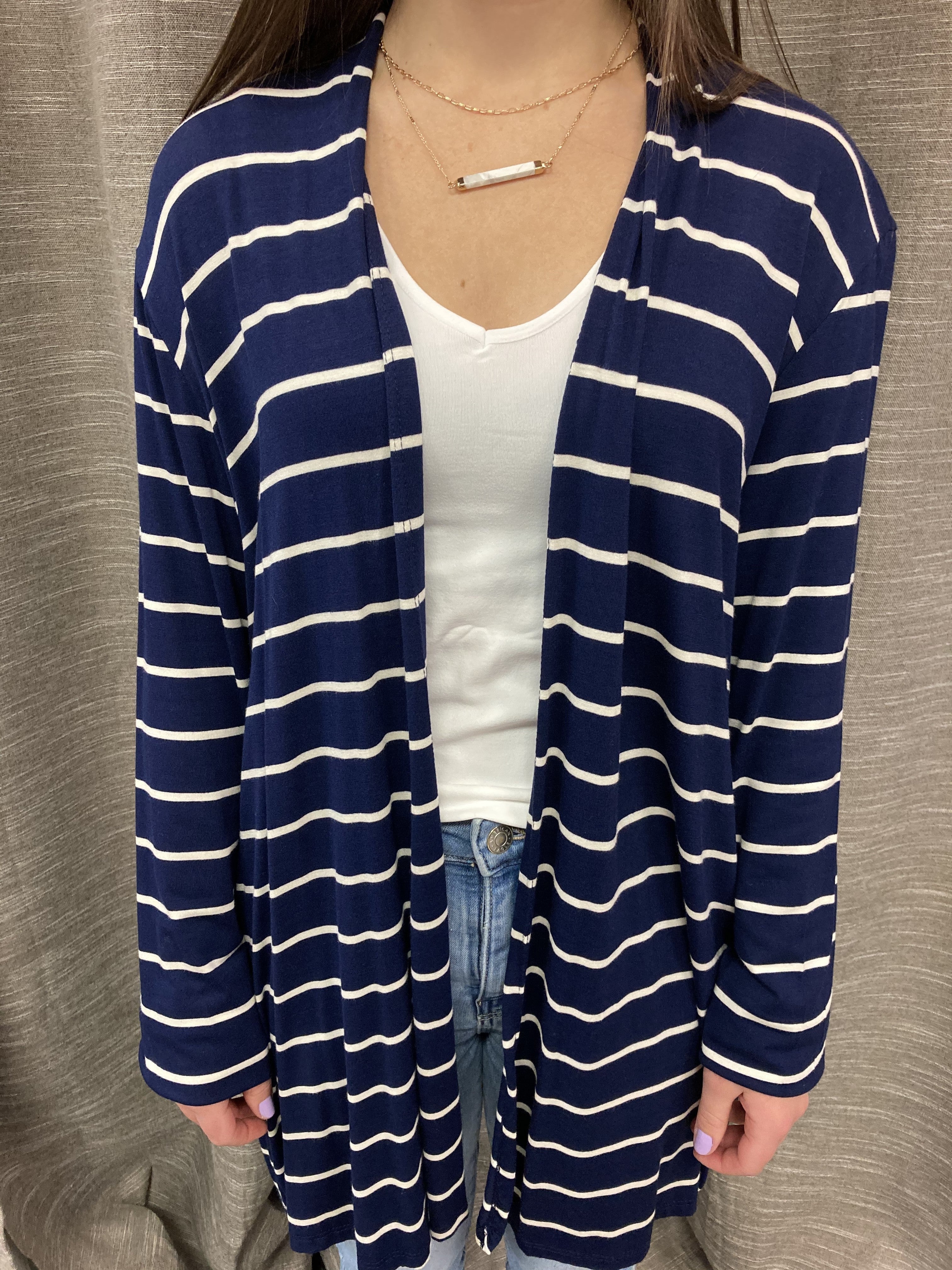 navy striped cardi