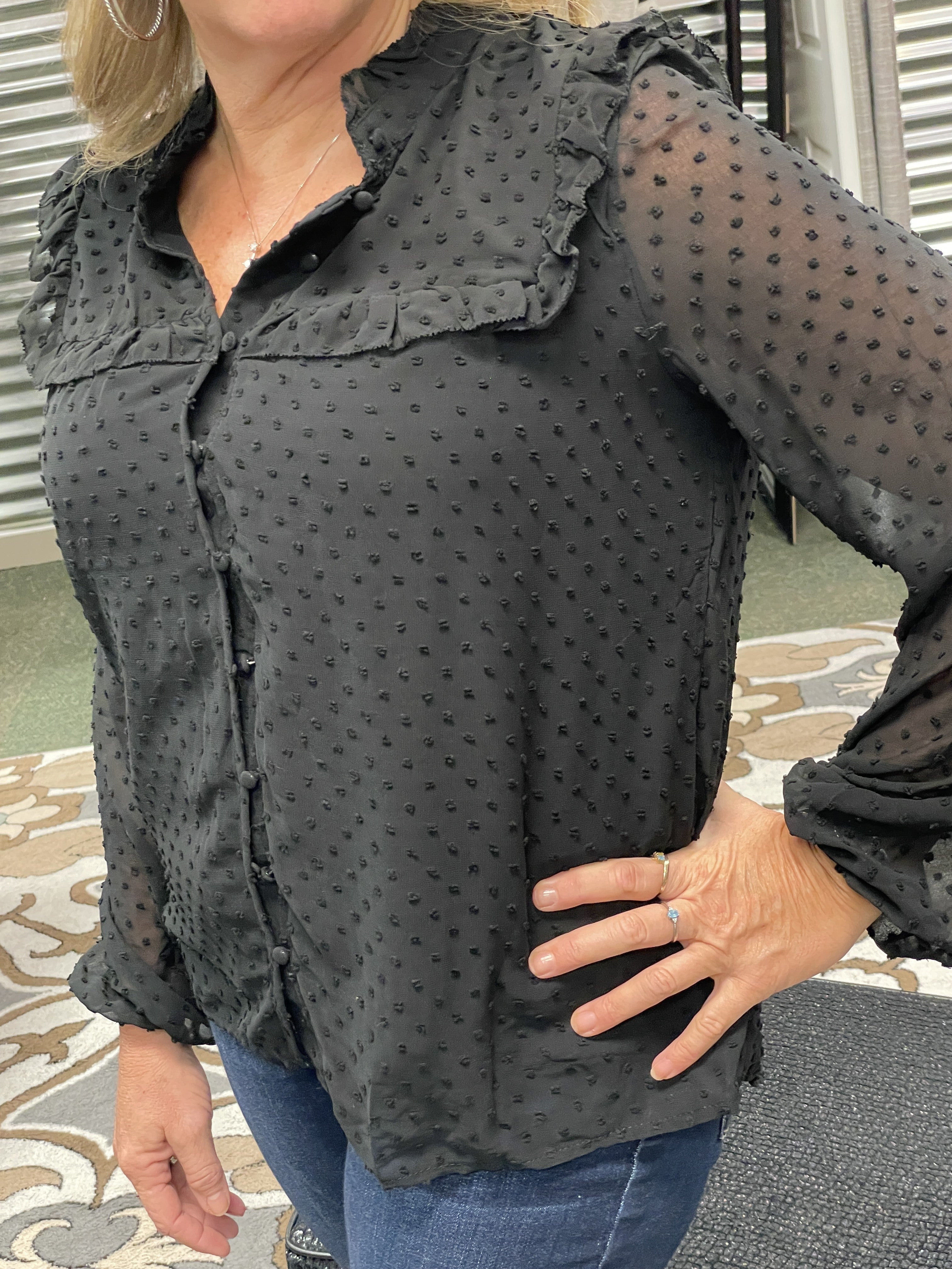 Black Ruffled Button Down Top