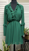 Ruffle Mini Dress w/ Pleated Long Sleeve