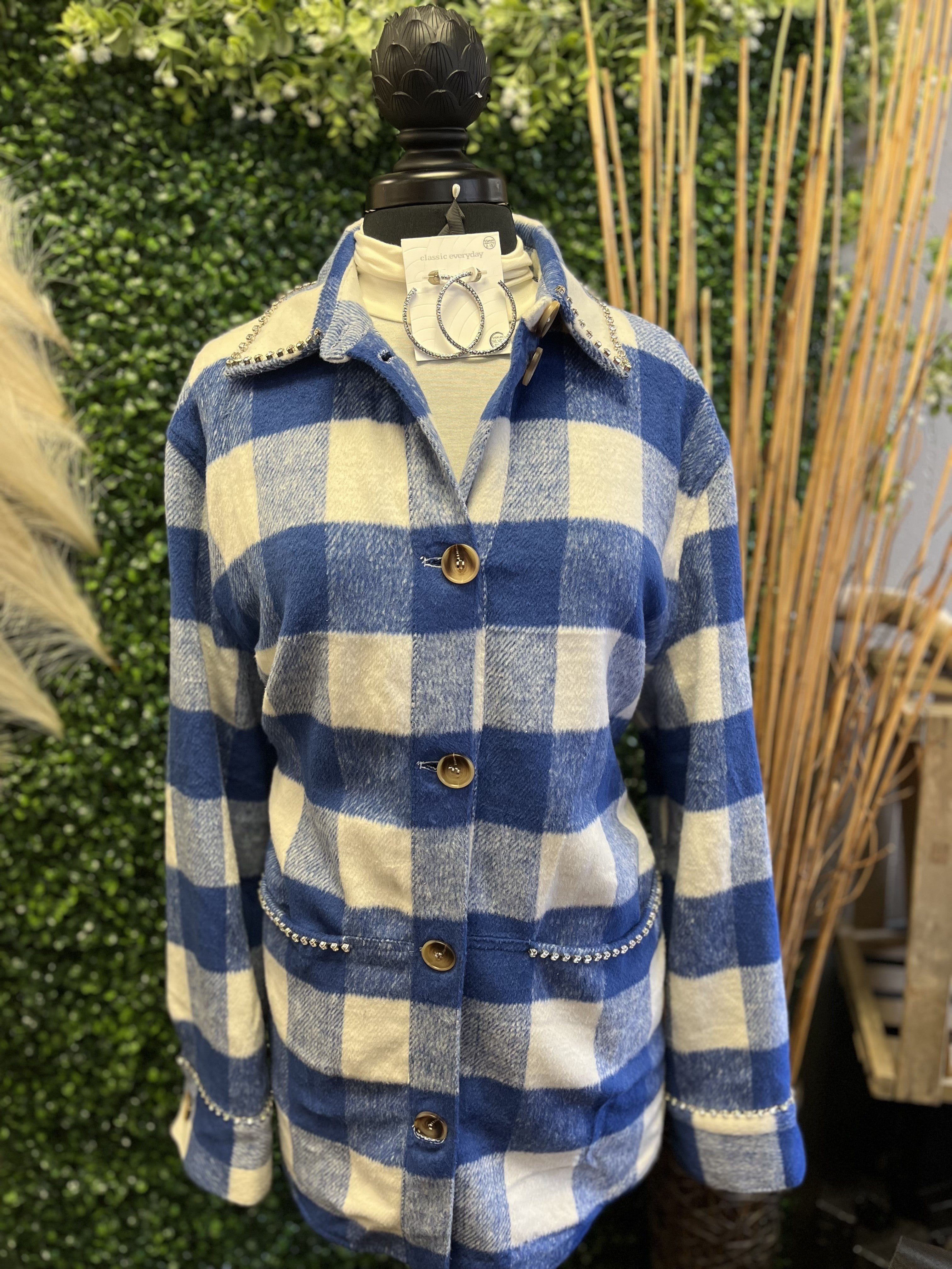 Plaid Flannel Shacket with Rhinestones