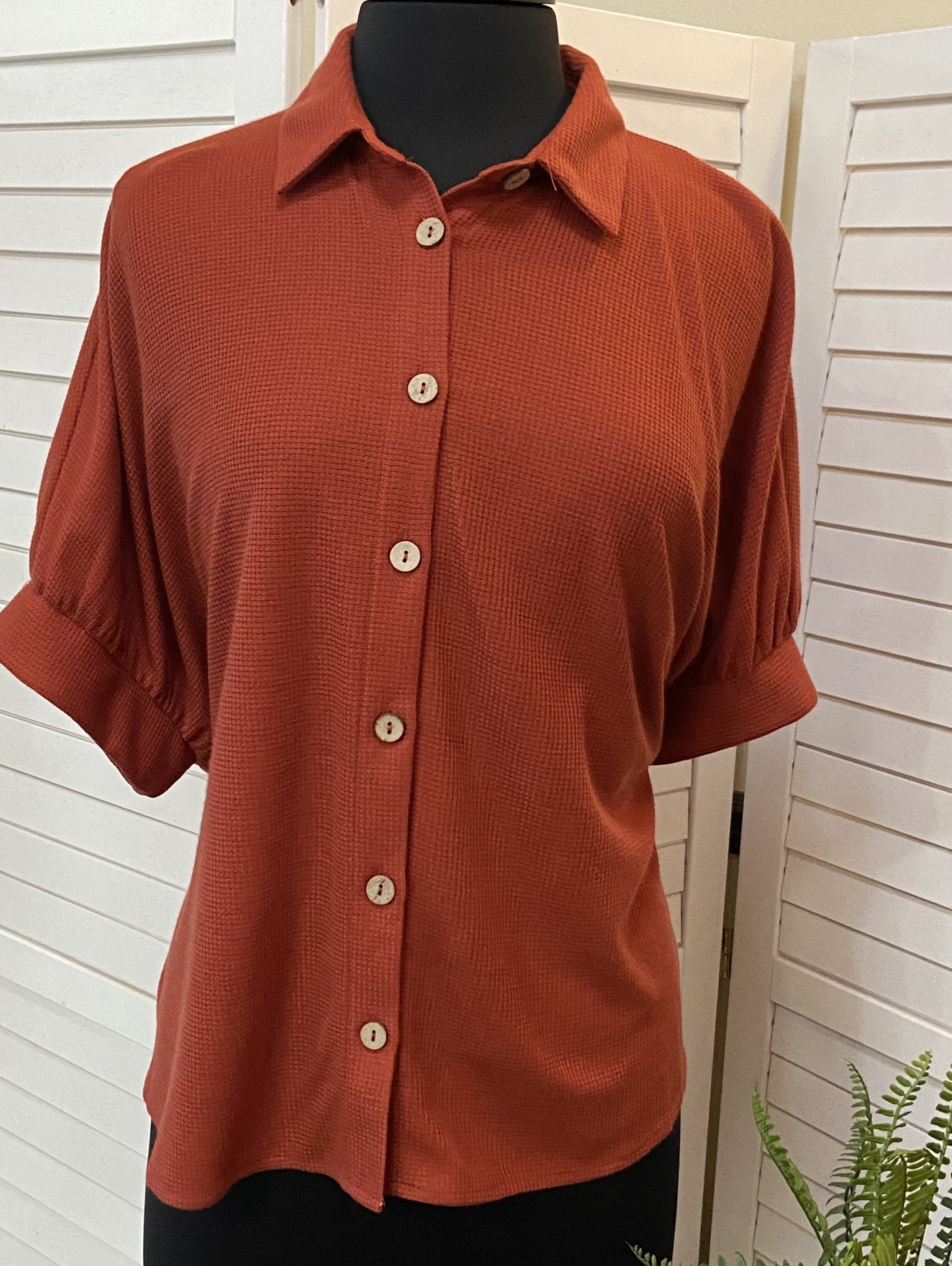 Waffle Half Sleeve Button Down Top