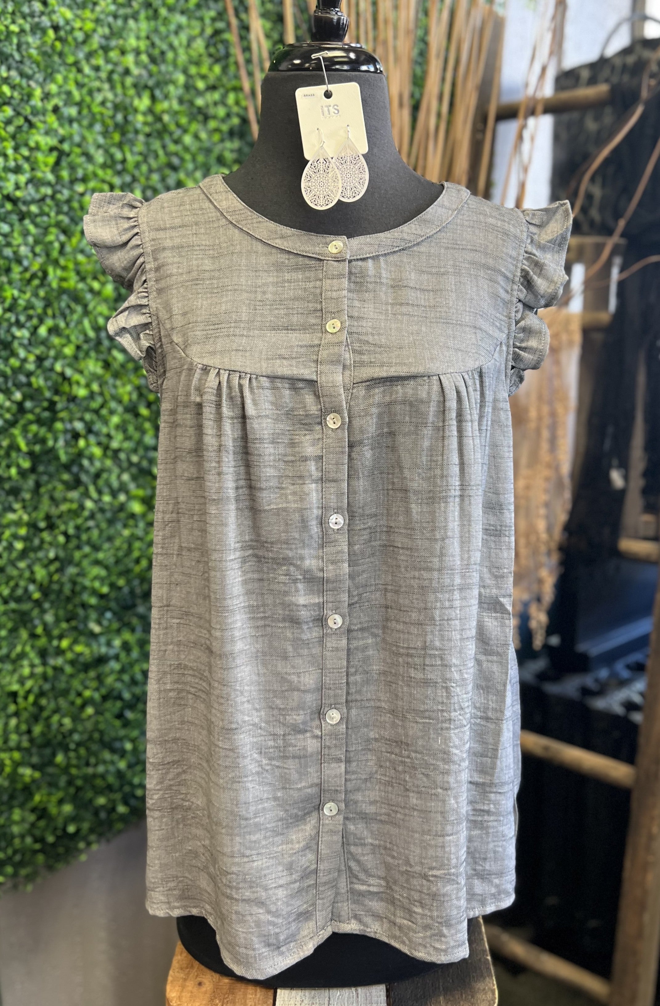 Button Down Ruffle Cap Sleeve Top