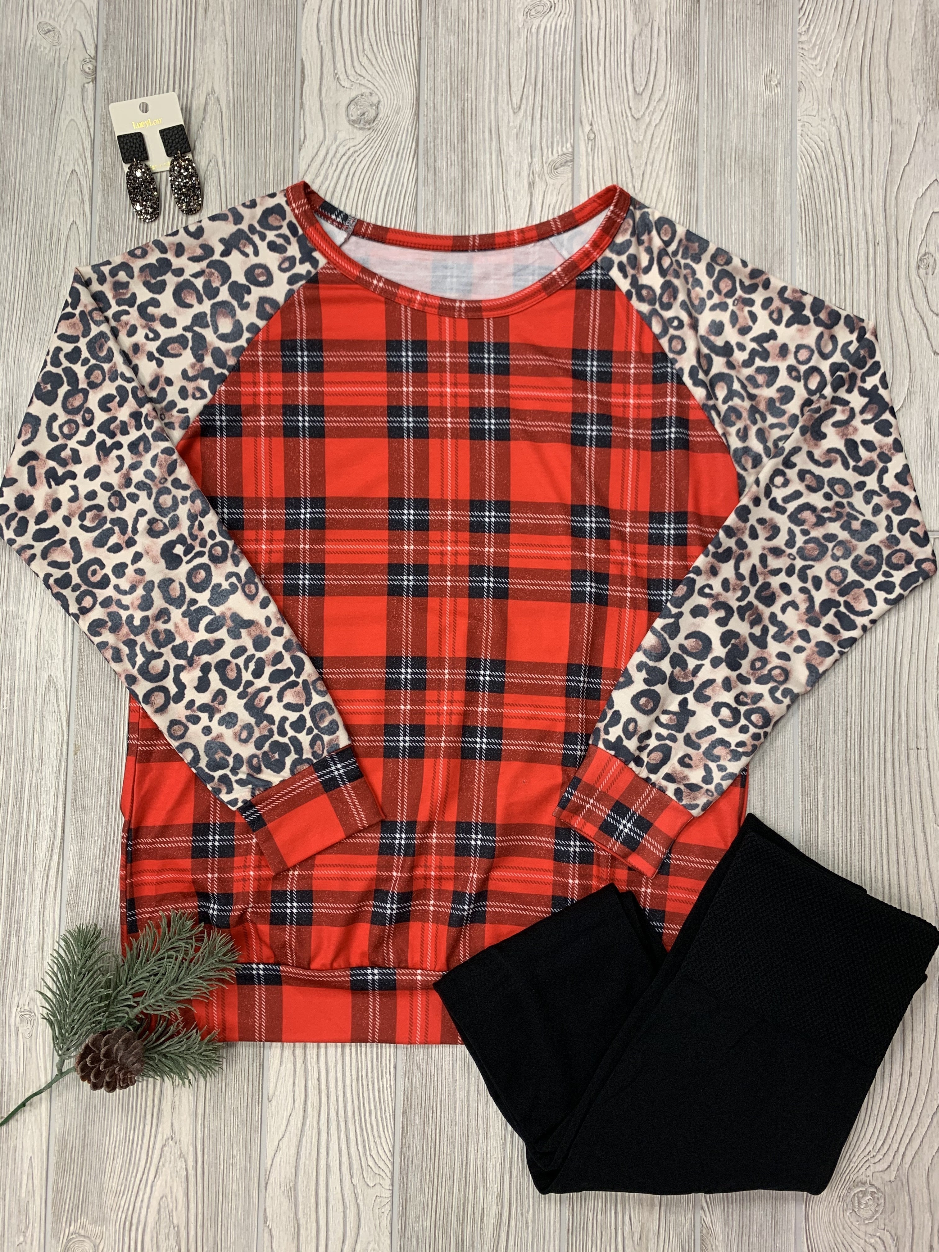 Leopard sleeve Plaid front shirt