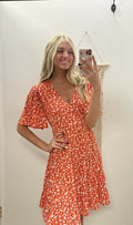 Orange Ditsy Floral Print Dress
