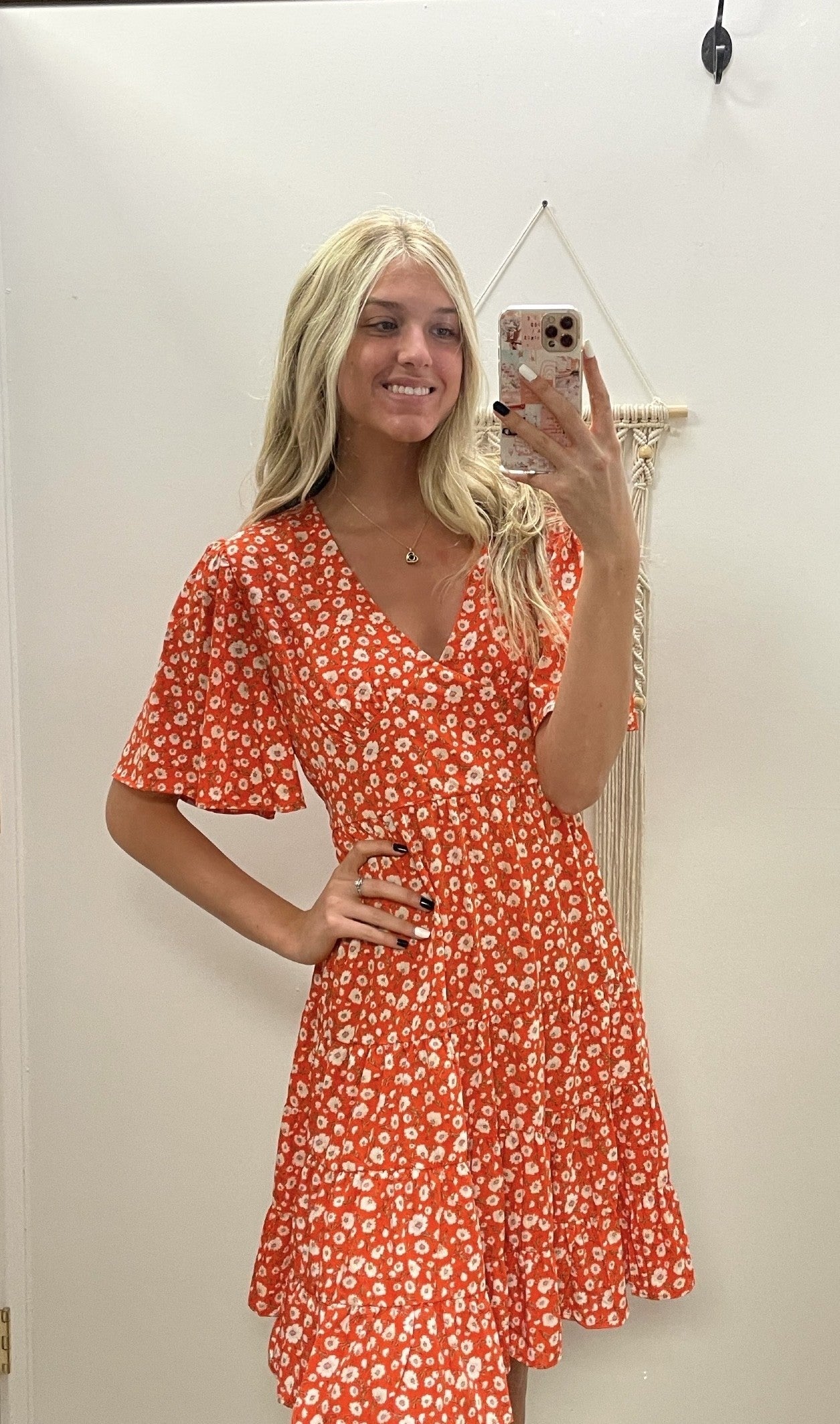 Orange Ditsy Floral Print Dress