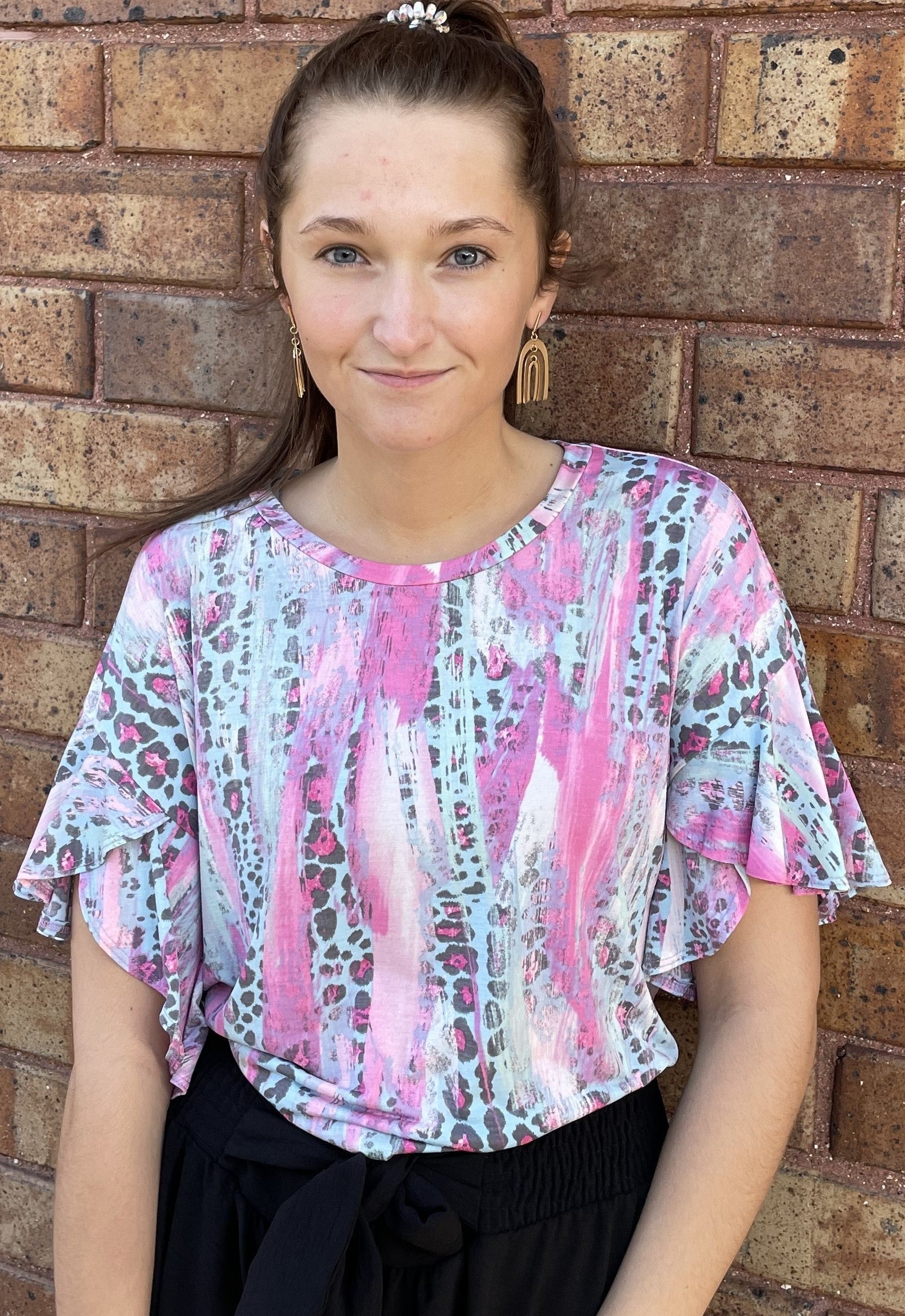 Pastel Cheetah Top w/ Flutter Sleeves