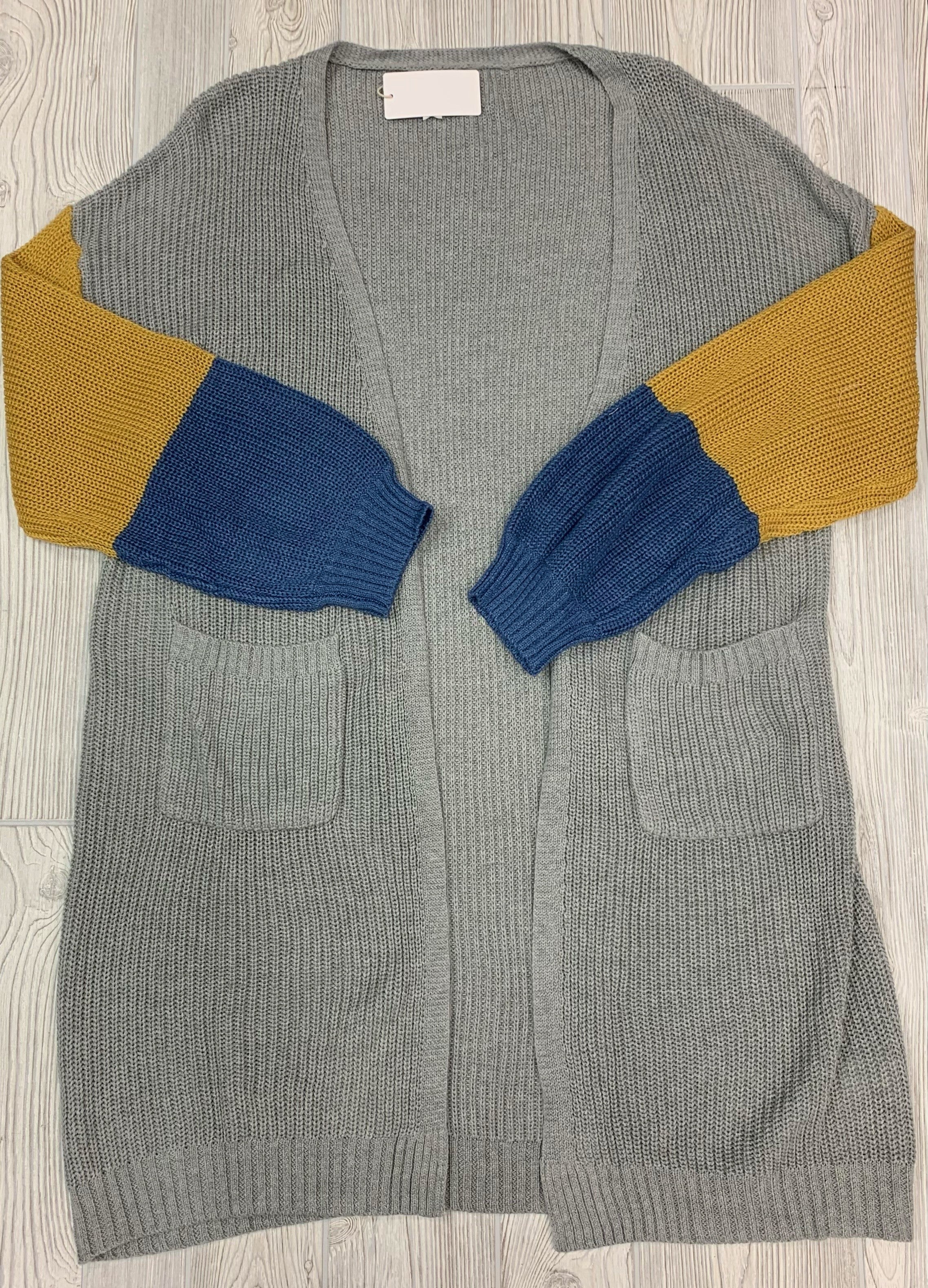 grey color block sleeve cardi