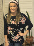 navy 3/4 sleeve floral top