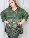 Olive Mix Print Button Down Top