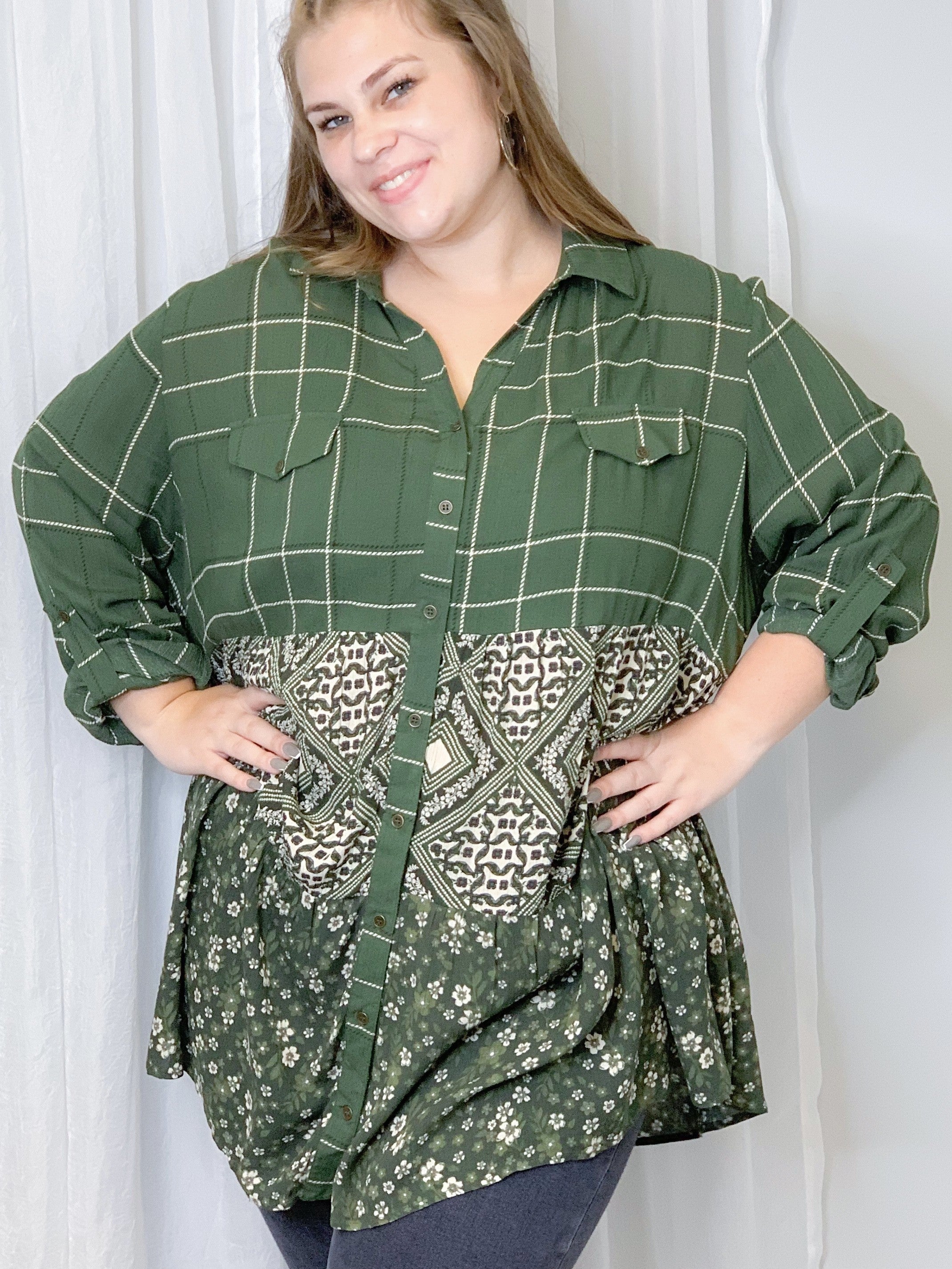 Olive Mix Print Button Down Top