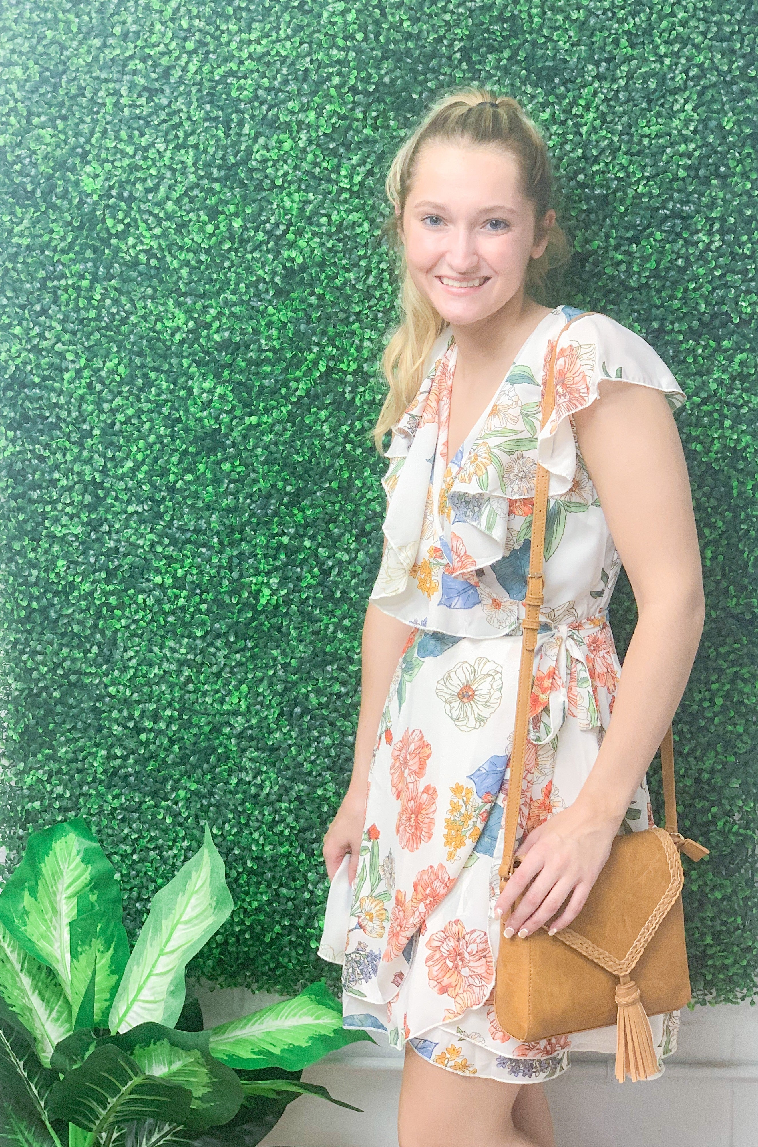 White Floral Ruffle Dress w/Self Tie