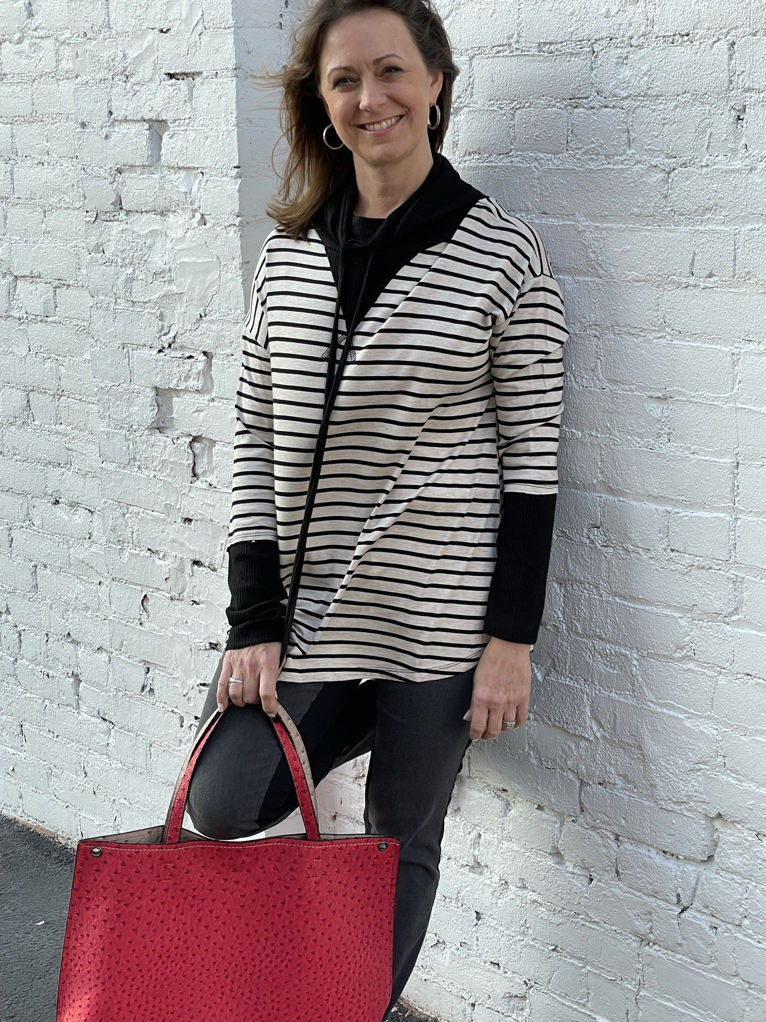 Beige Striped Cowl Neck Top