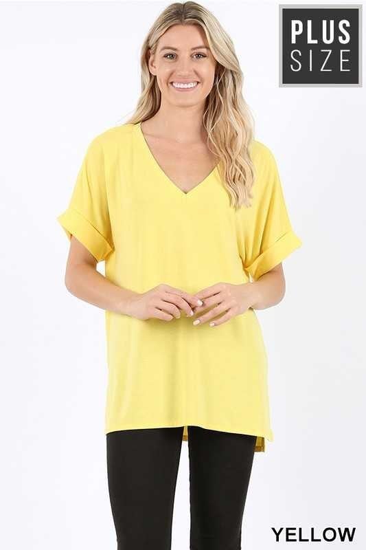 yellow v neck rolled sleeve top