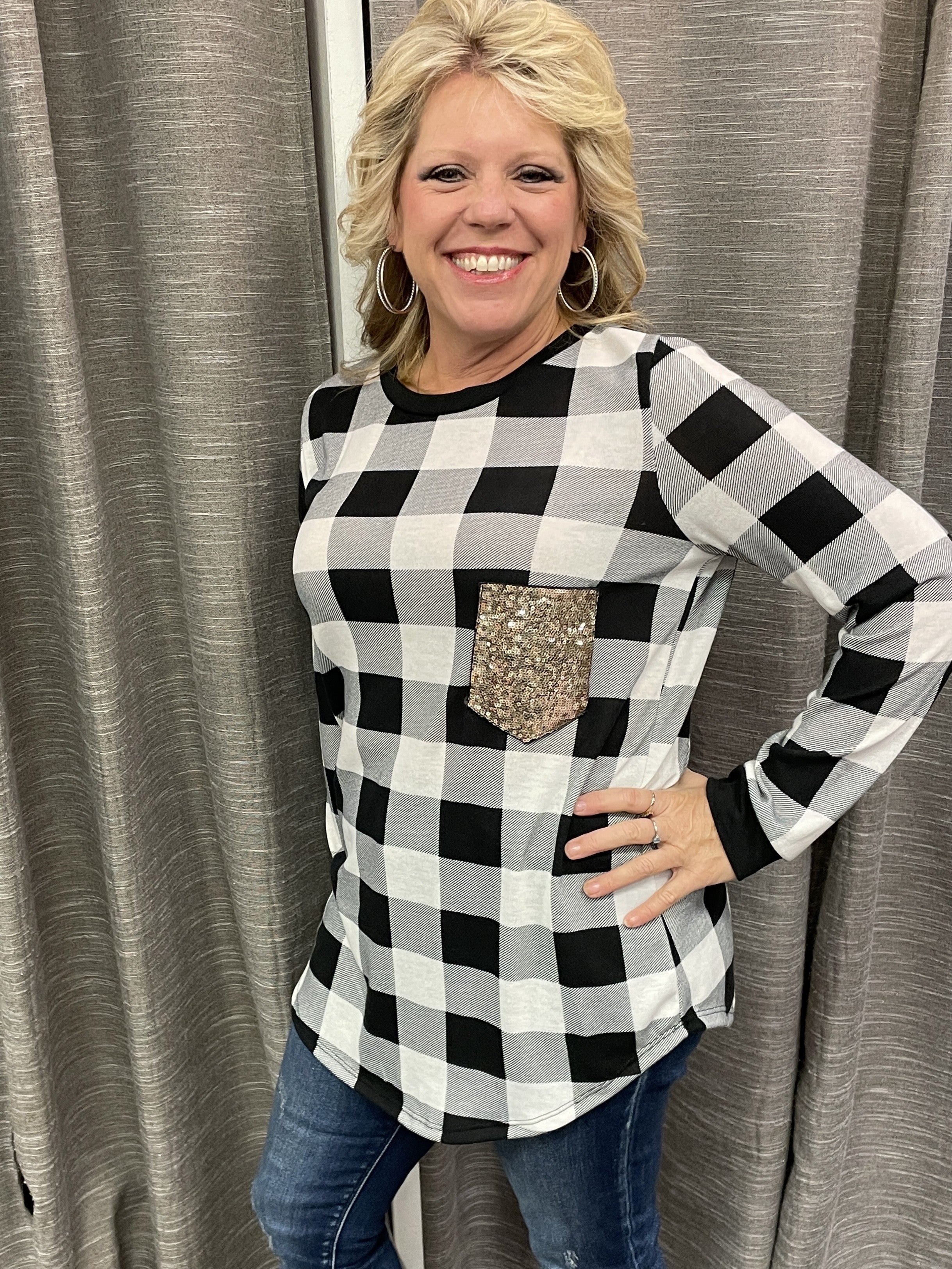 Black Plus Size Plaid Top w/ Sequins Pocket