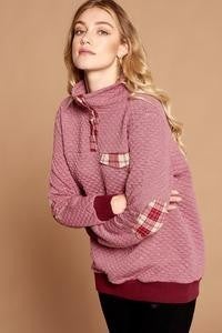 Burgundy Plaid Pop Collar Pullover