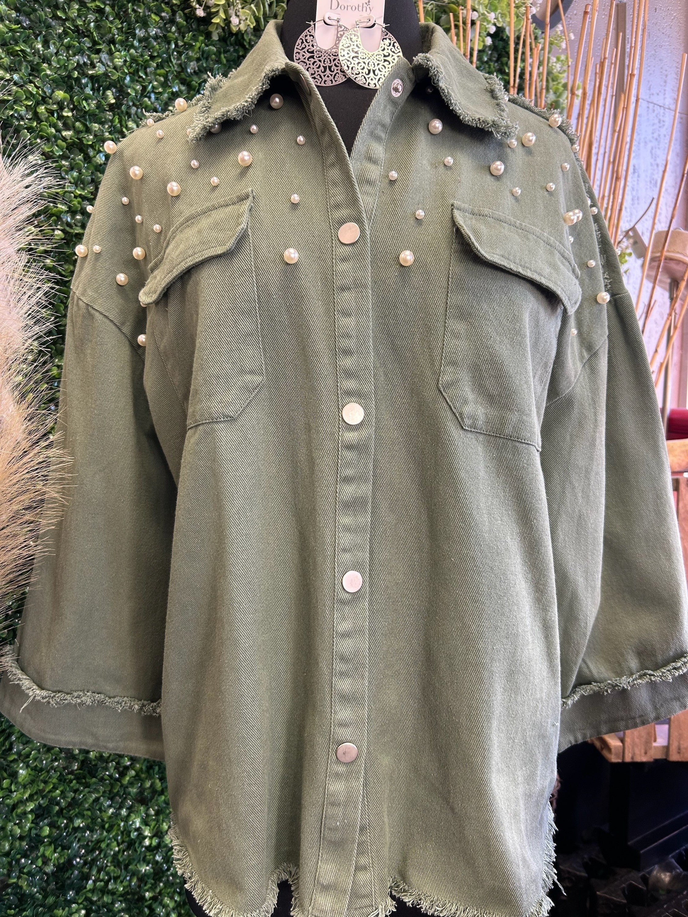 Distressed Hem Jacket w/ Pearls