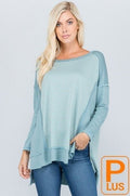 long sleeve striped high/low top w/solid sleeve