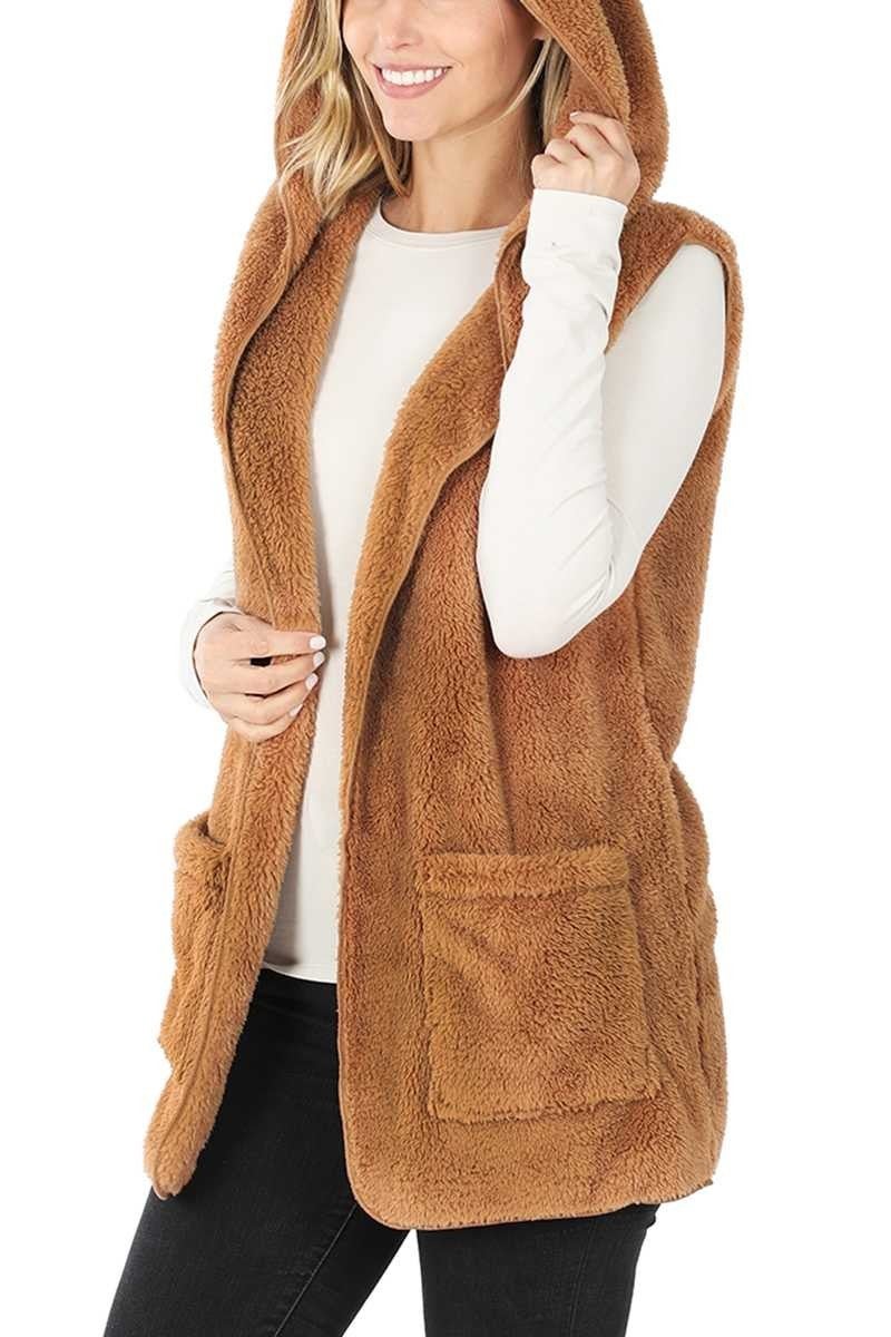 Faux fur Hooded Vest with Side Pockets