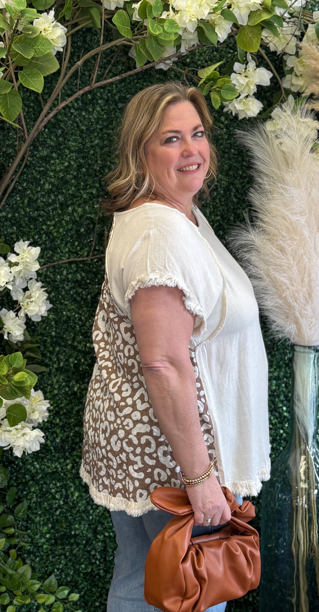 Linen Cheetah Back Top w/ Frayed Hem