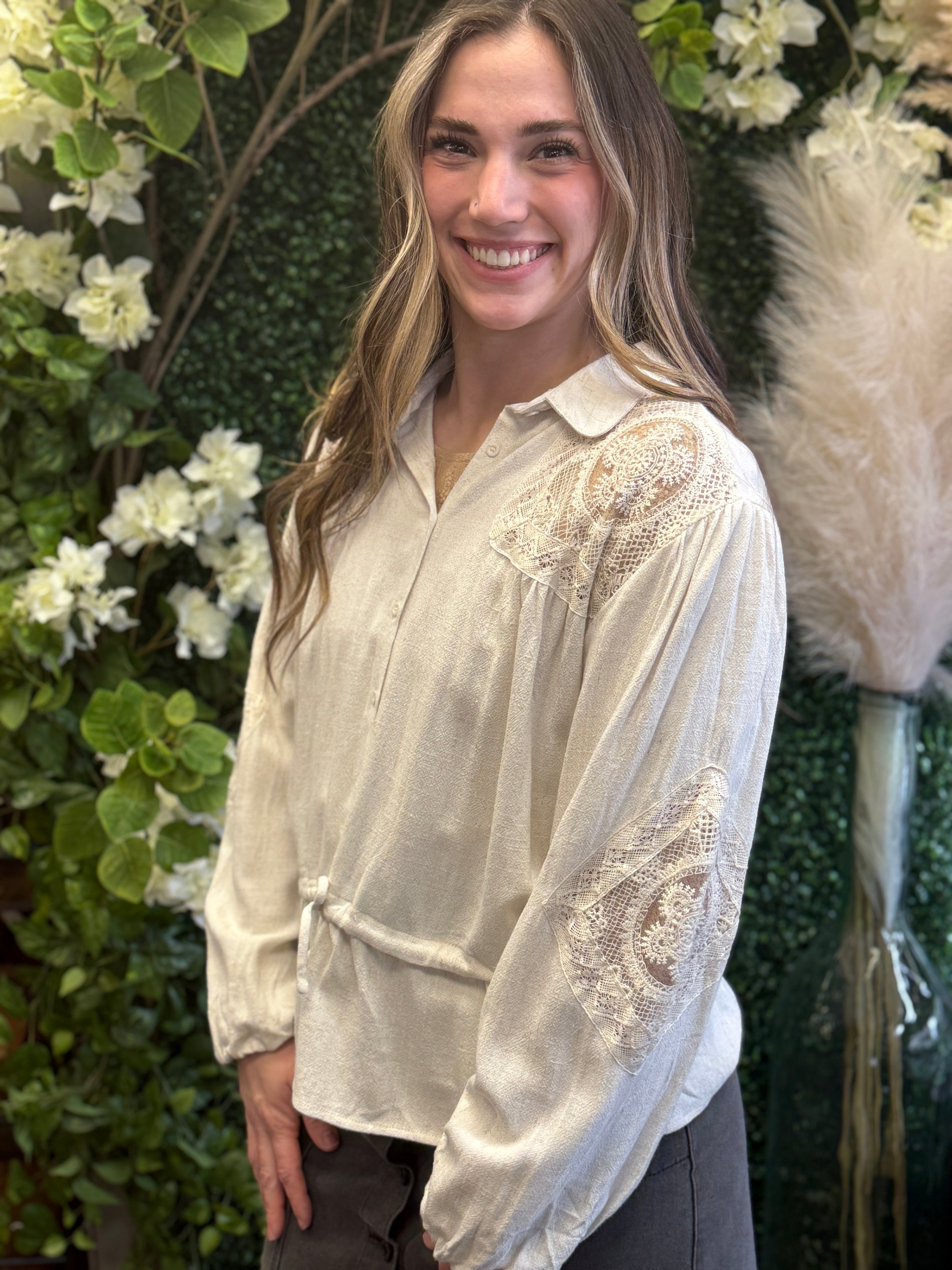 Eyelet Embroidered Lace Linen Shirt