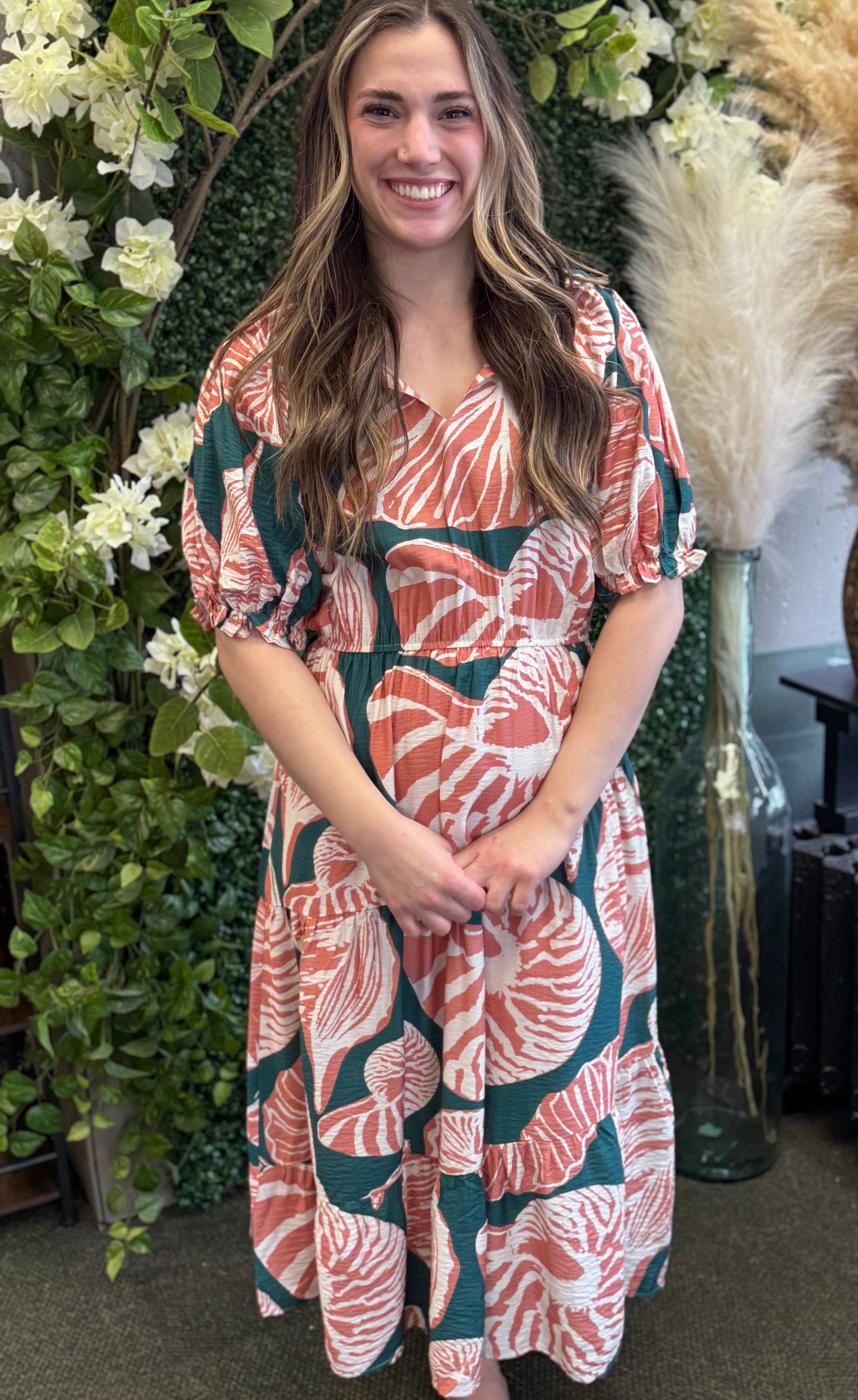 Floral Print Puff Sleeve Midi Dress