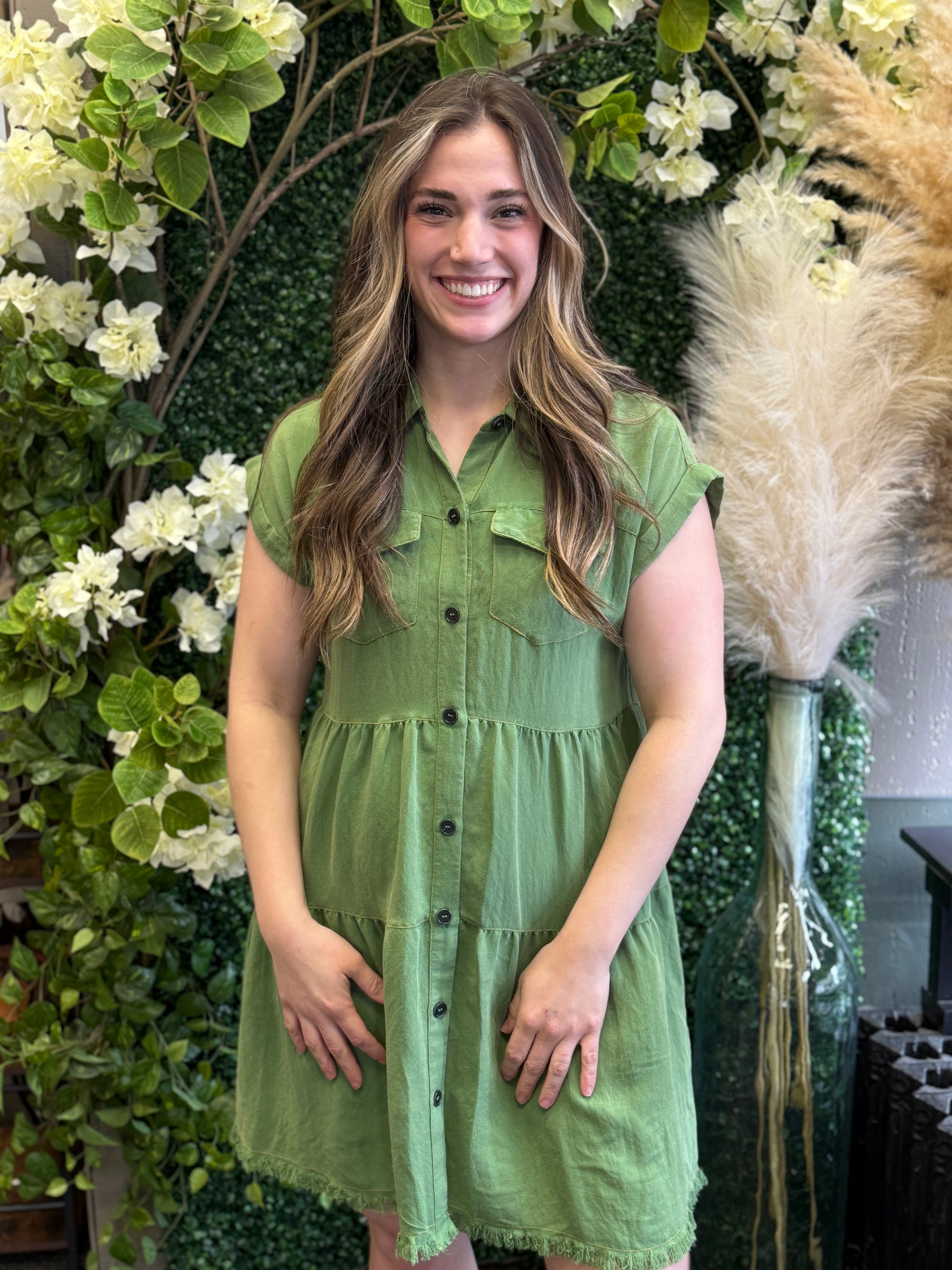 Frayed Hem Button Up Dress