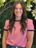 COLOR TRIMMED, SHORT SLEEVE, STRIPED TOP