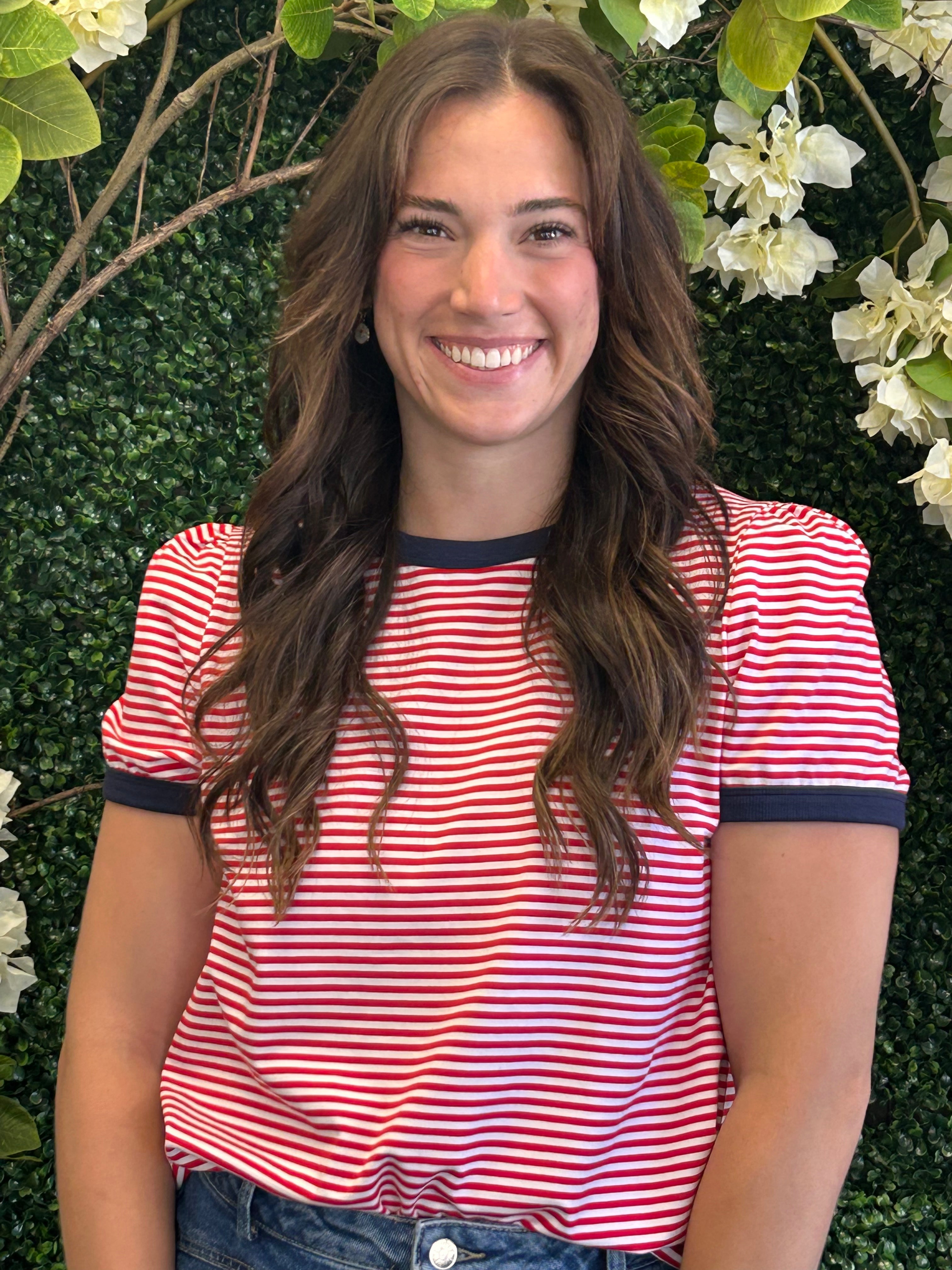 COLOR TRIMMED, SHORT SLEEVE, STRIPED TOP