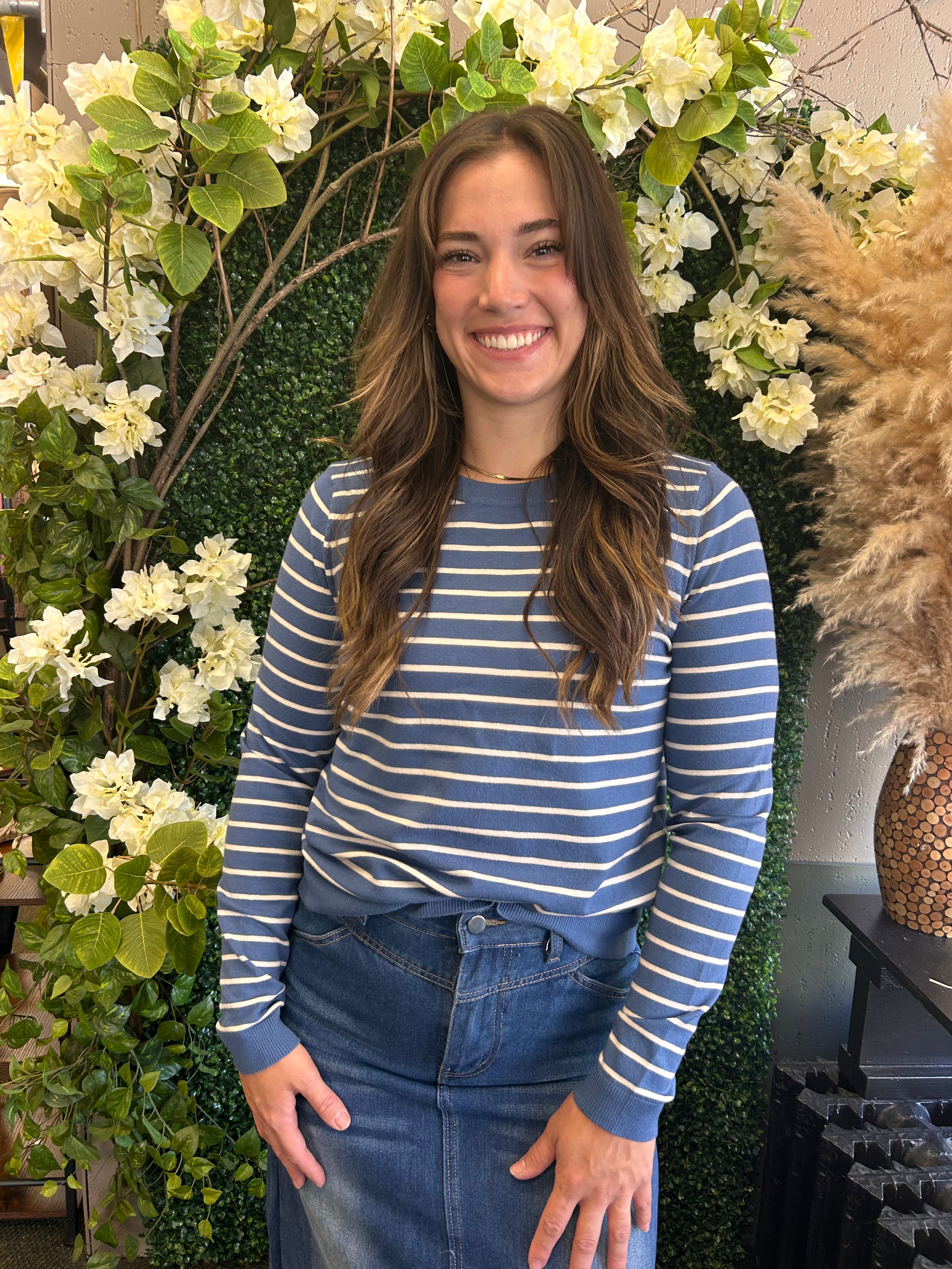 Denim Crew Neck Striped Pullover
