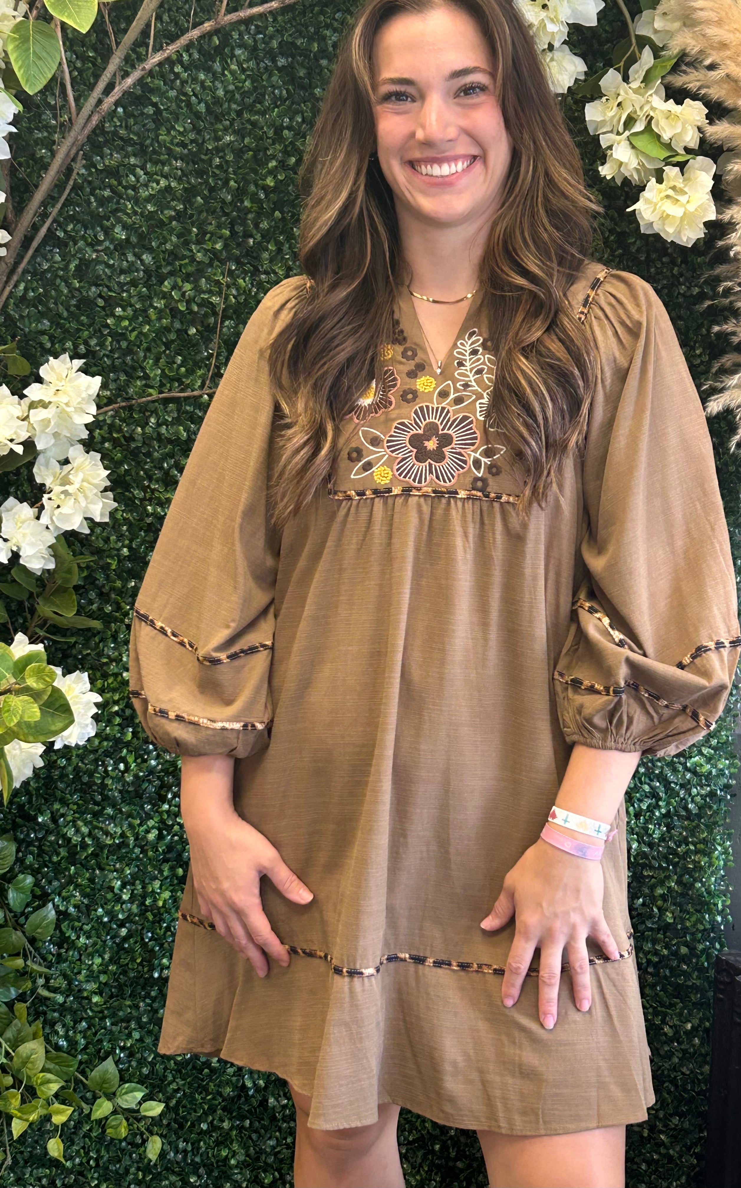Mocha Floral Embroidered Babydoll Dress