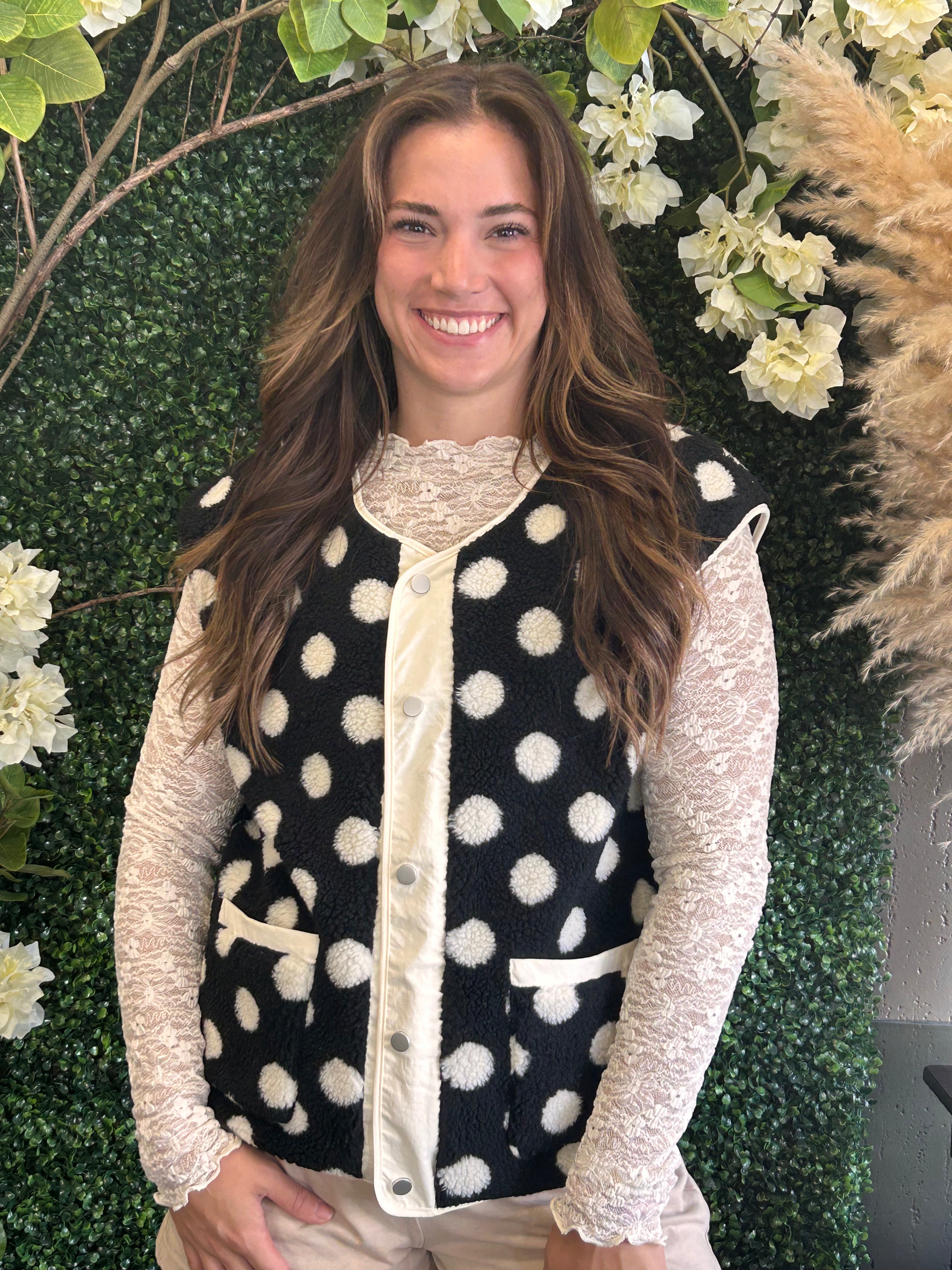 Black Polka Dot Sherpa Snap Vest