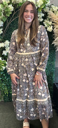 Floral Tiered Midi Dress w/ Tie Neck