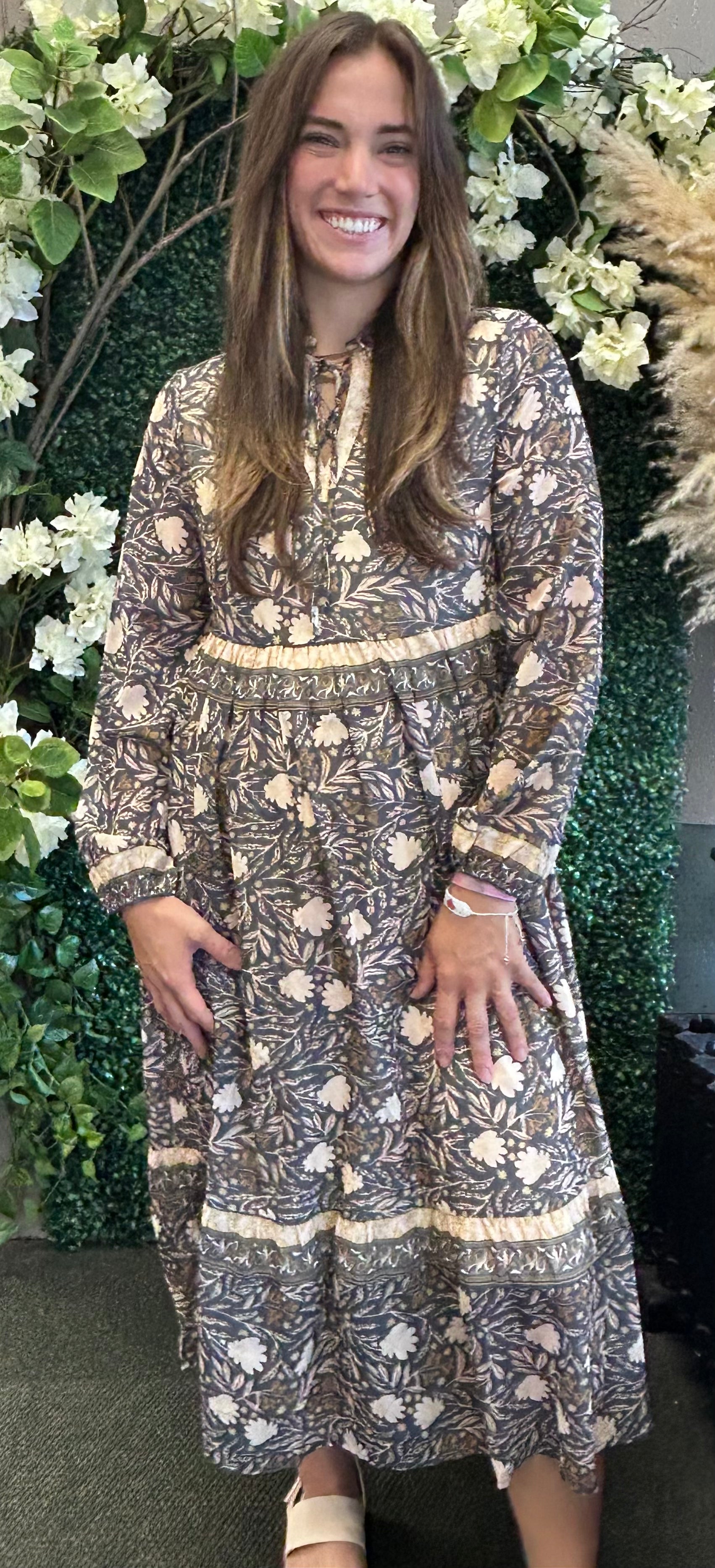 Floral Tiered Midi Dress w/ Tie Neck
