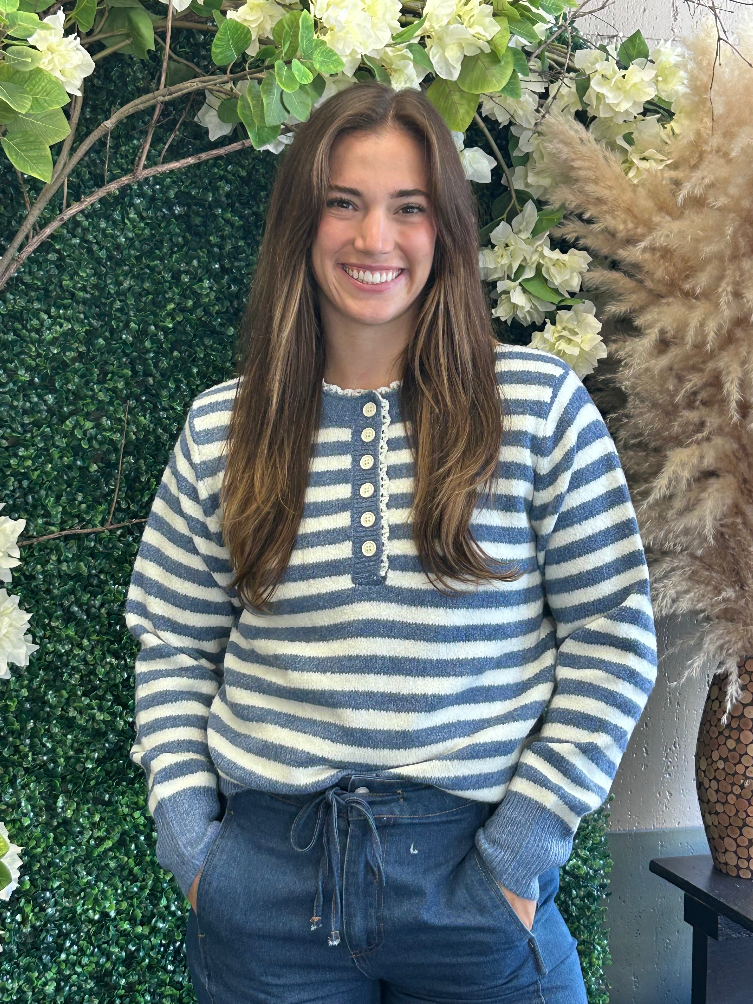 Striped Knit Henley Sweater