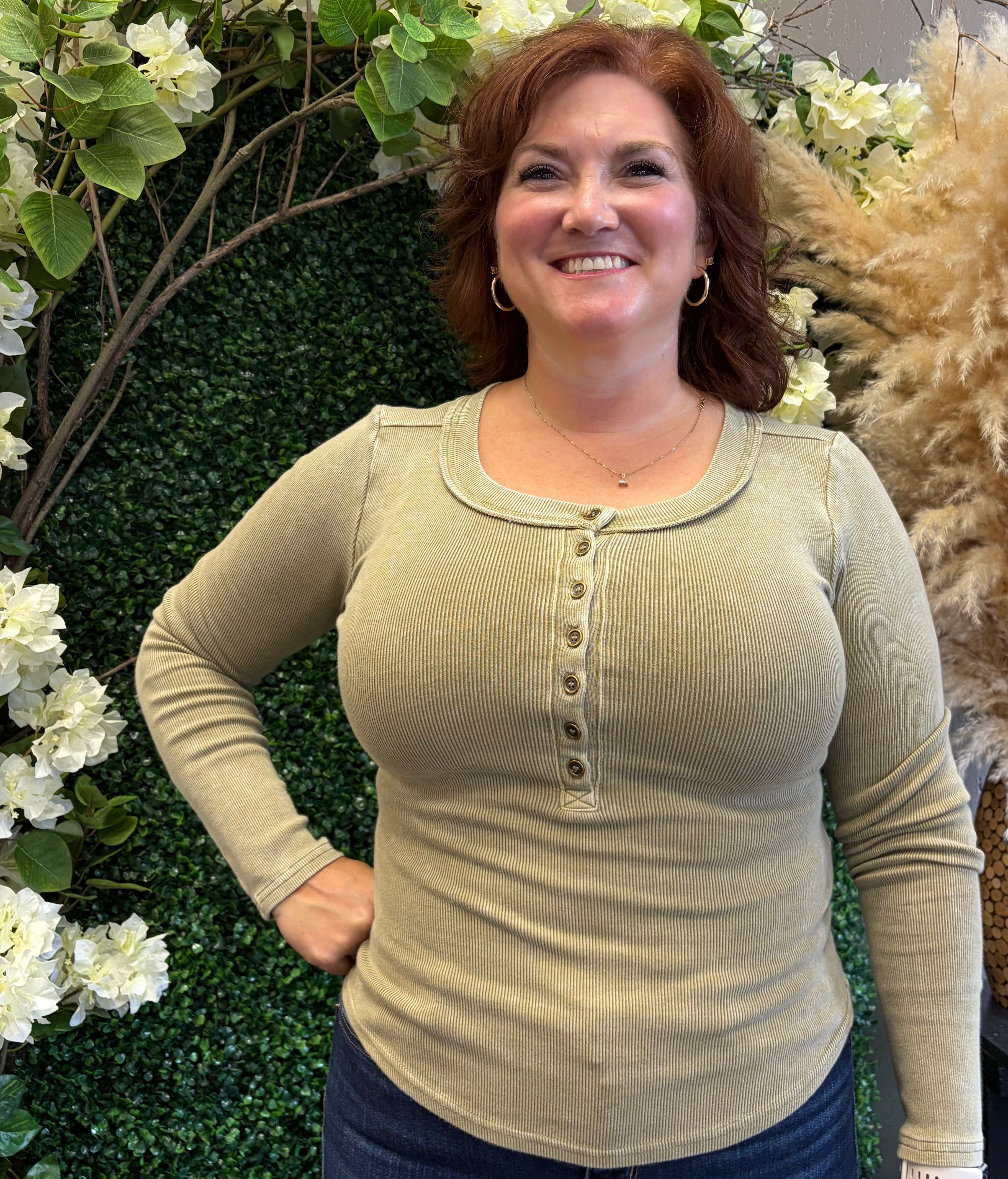 Washed Long Sleeve Ribbed Henley Knit Top
