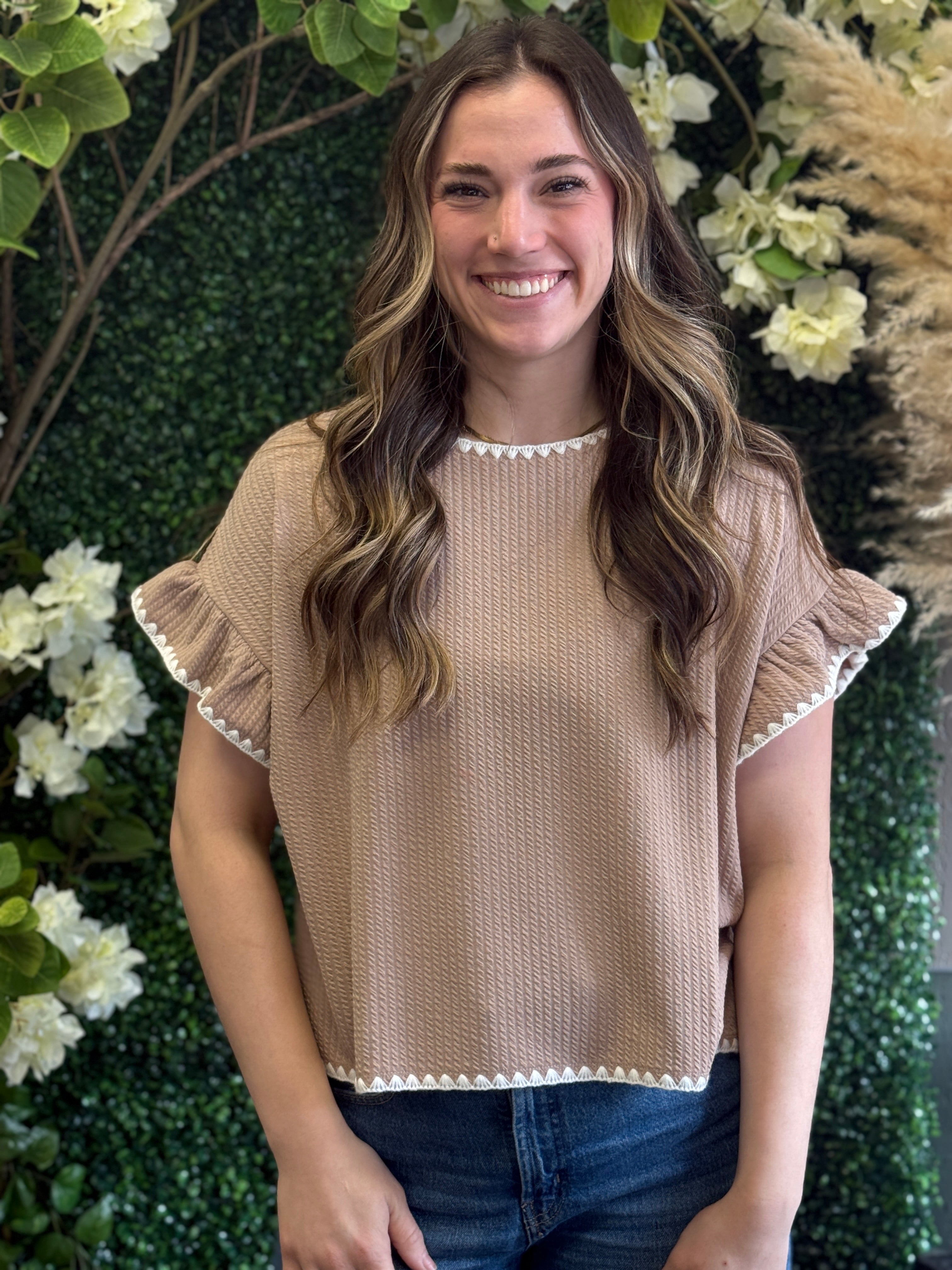 Embroidered Trim Ruffle Top