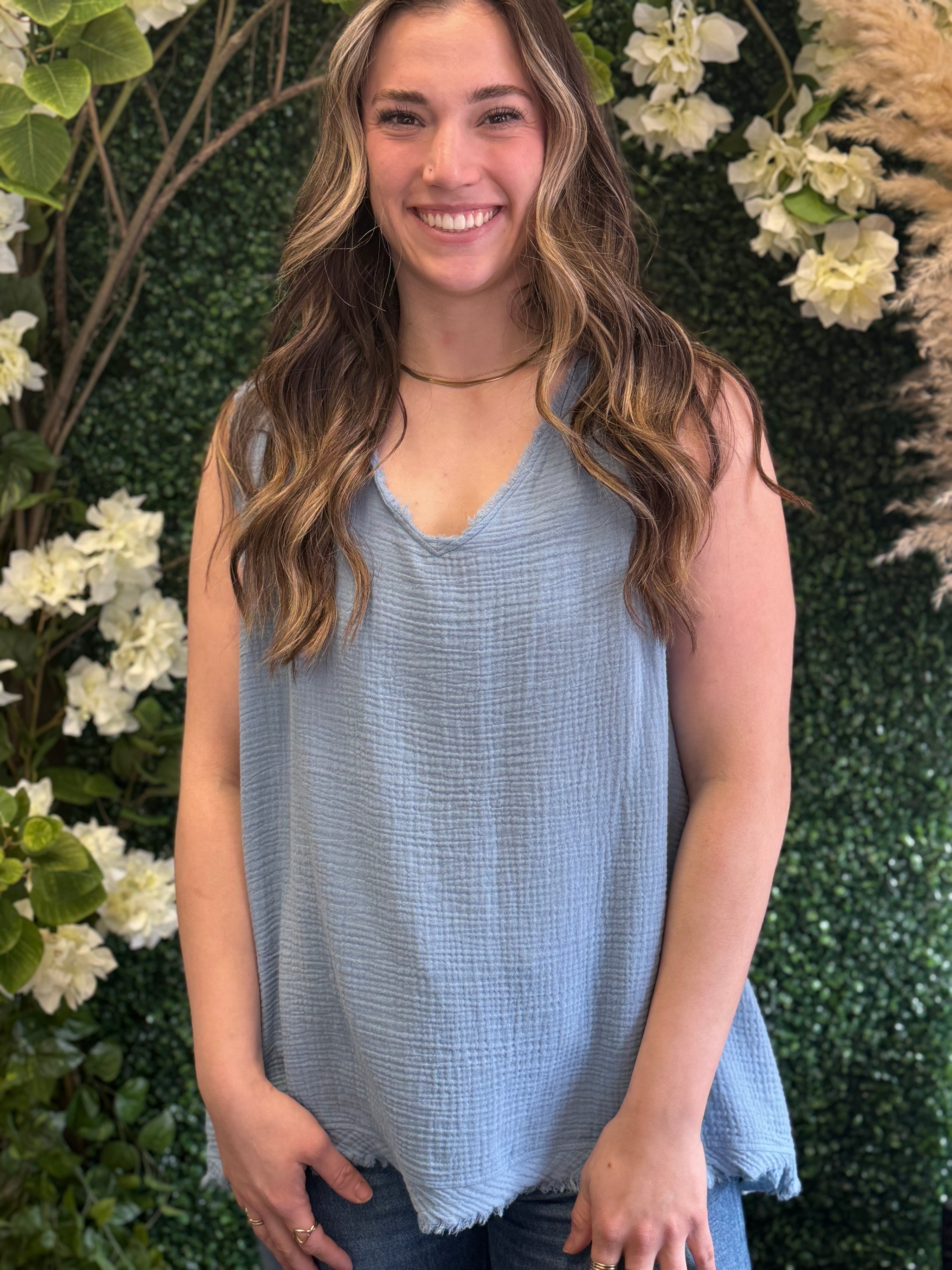 Sleeveless V-Neck Frayed Top