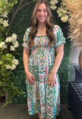 Smocked Print Midi Dress